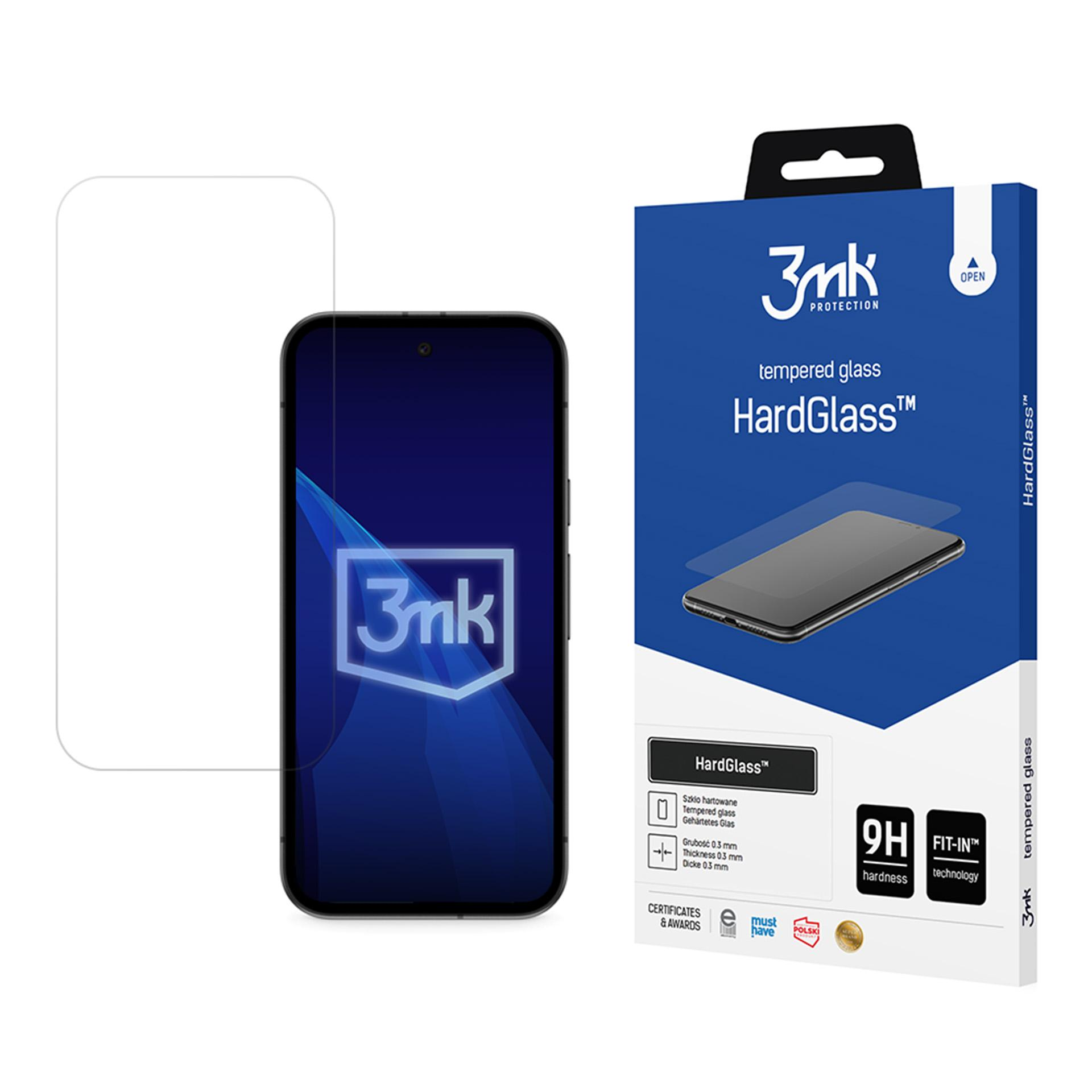 Una protezione schermo per smartphone e la sua confezione con logo "3mk HardGlass".