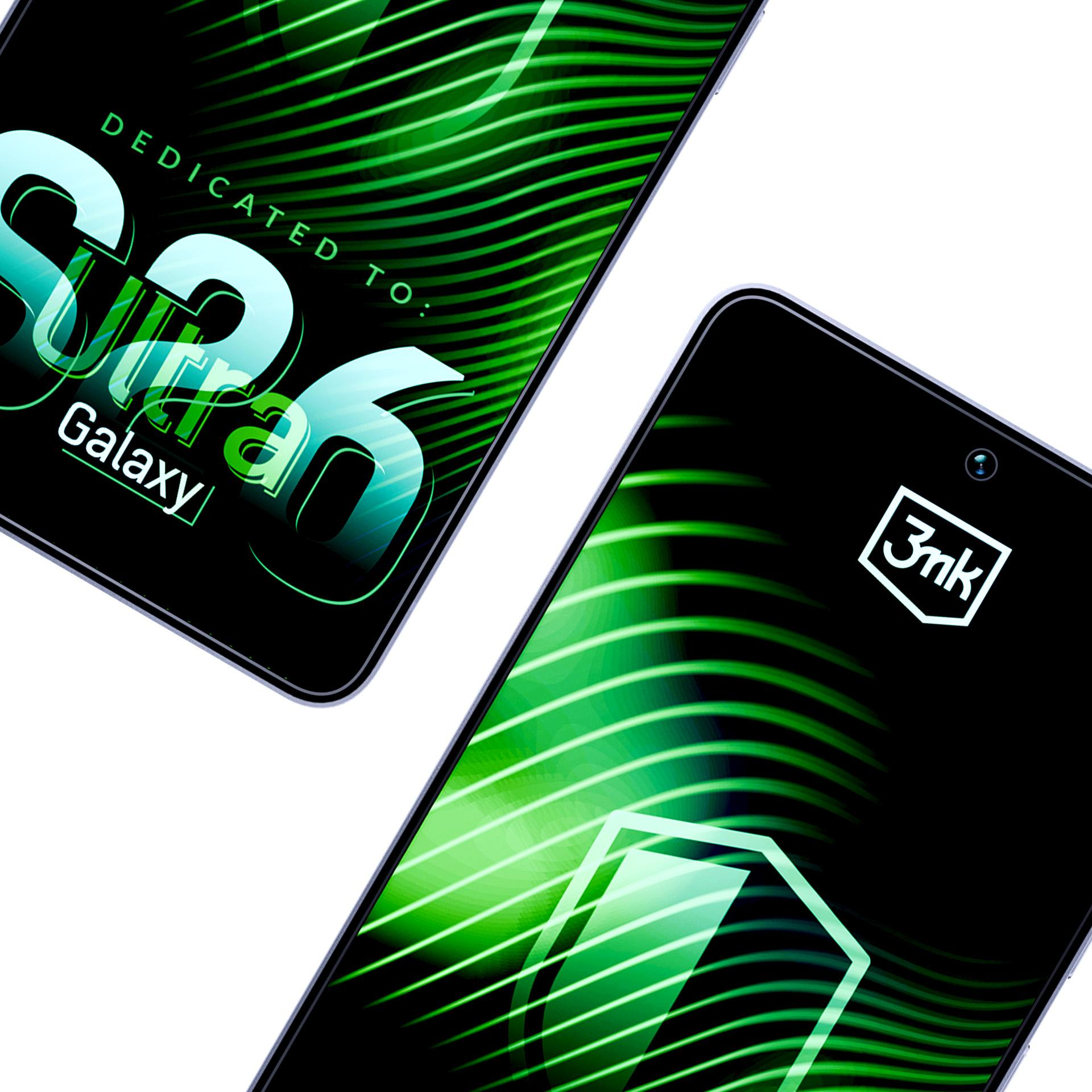 Dwa smartfony z zielonymi falami i tekstem. Jeden pokazuje 'S26 Ultra Galaxy'.