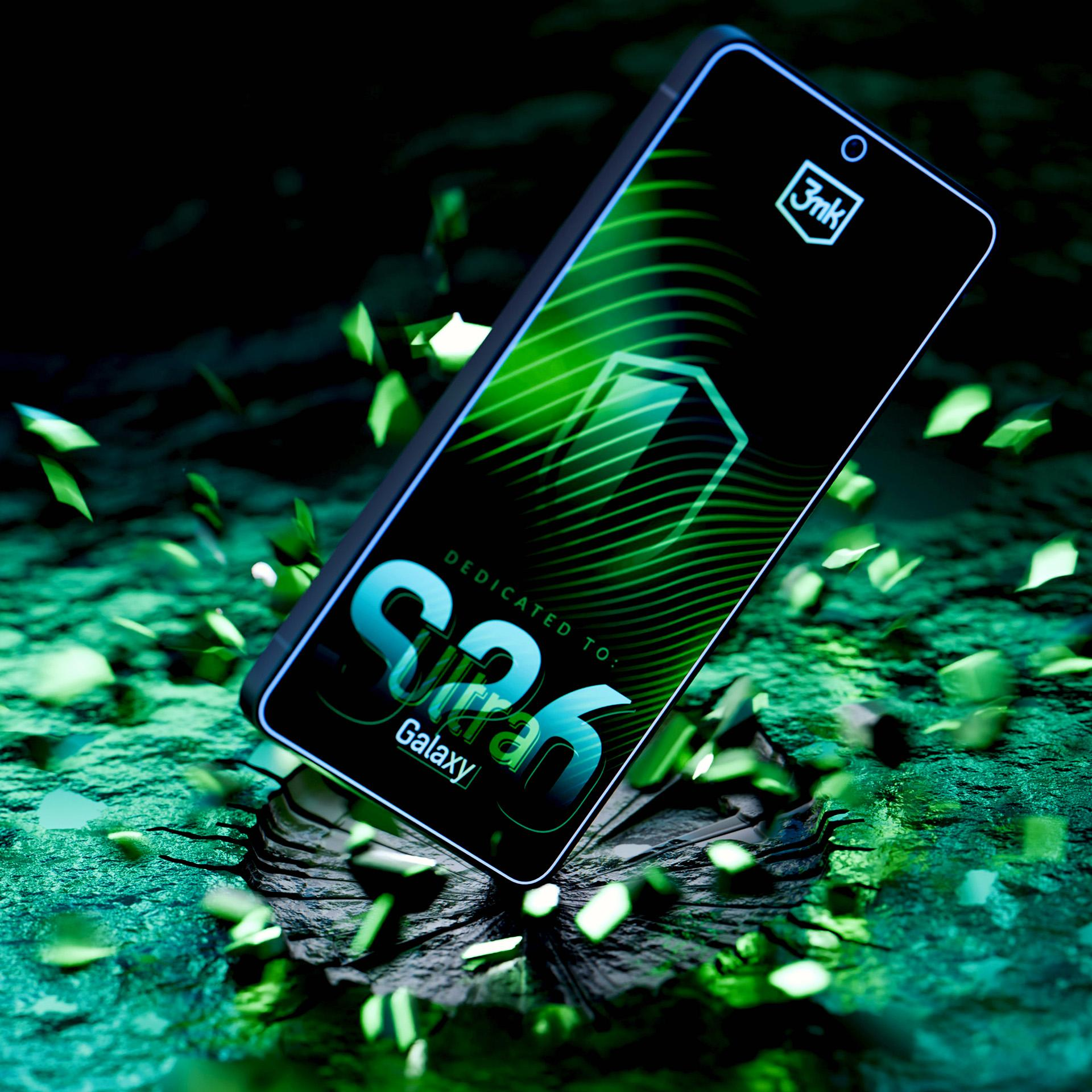 Smartfon wyświetla zieloną ikonę baterii i tekst 'S25 Ultra Galaxy'.