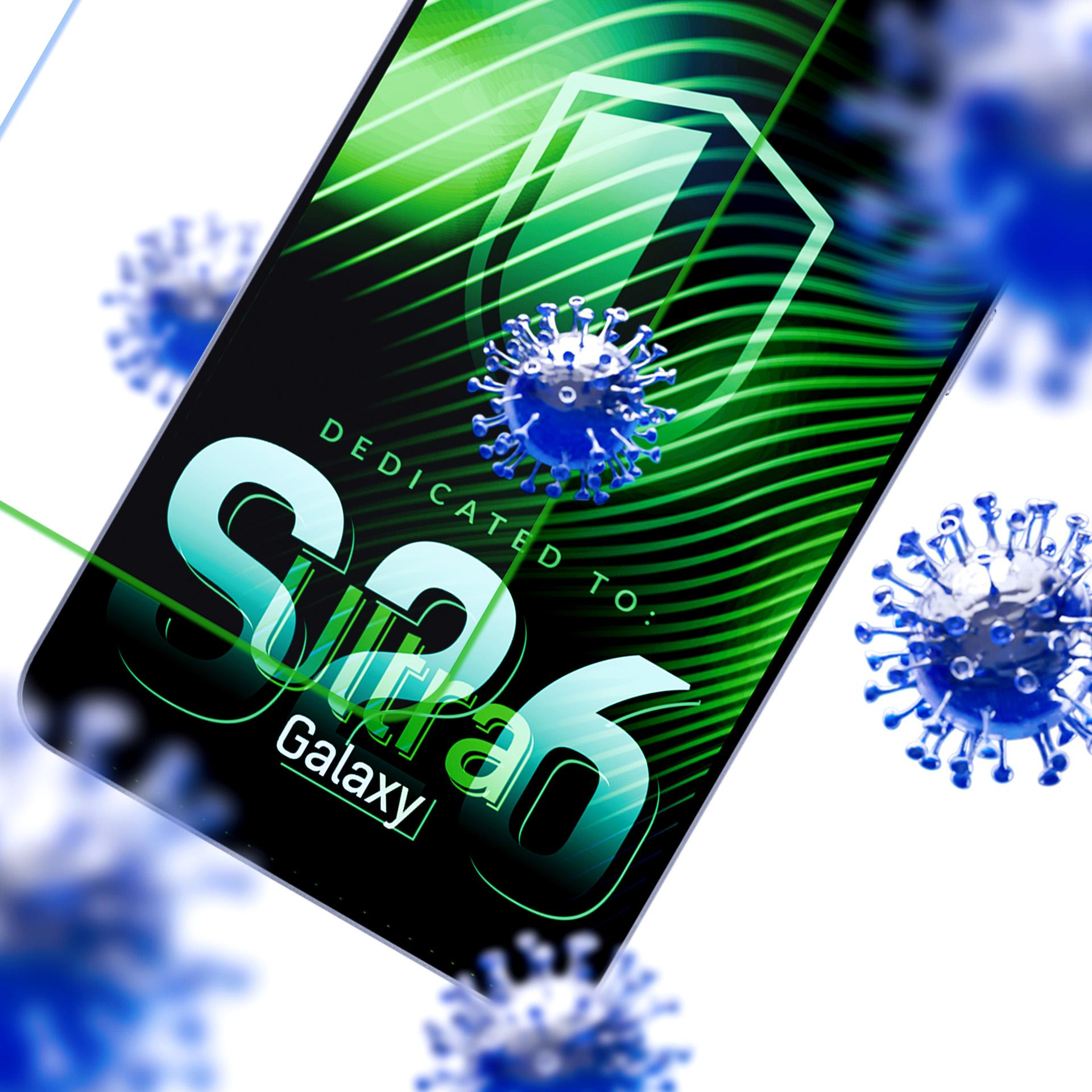 Smartfon pokazuje "S20 Ultra Galaxy" z niebieskim wirusem. Zielone fale w tle.