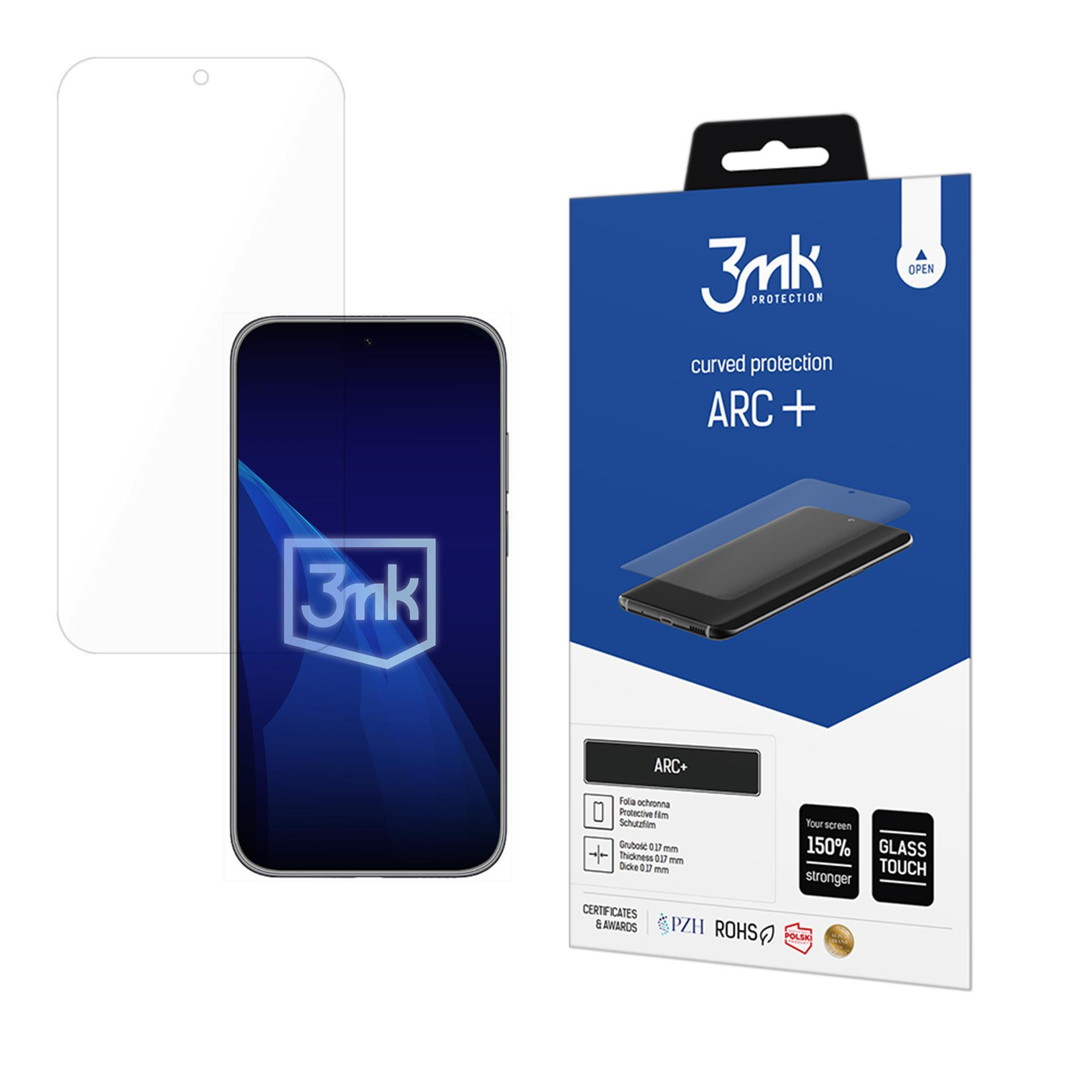 Confezione per protezione schermo 3mk ARC+ con illustrazione smartphone.