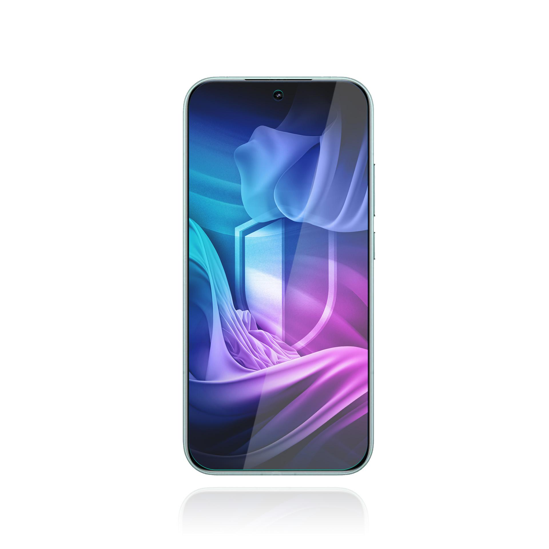 Uno smartphone verde chiaro con uno sfondo astratto e colorato.