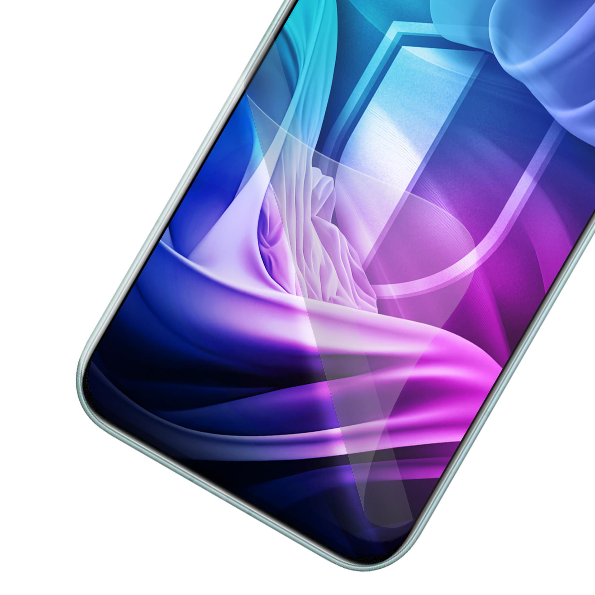 Uno smartphone che mostra uno sfondo astratto e fluido viola e blu.
