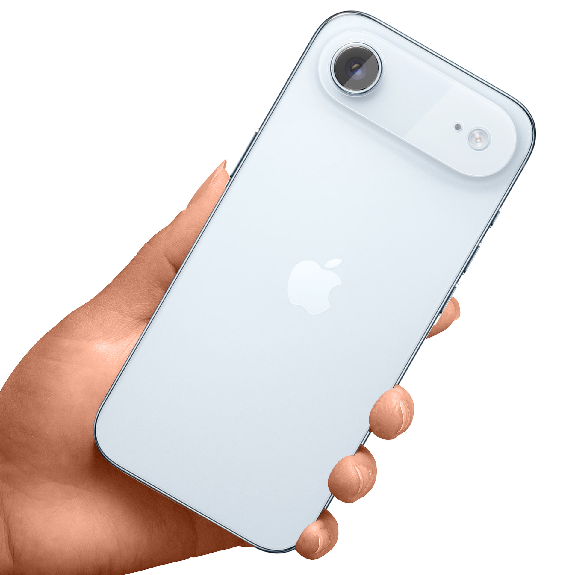 Una mano tiene un iPhone azzurro con bordo argentato. Un oggetto singolo.