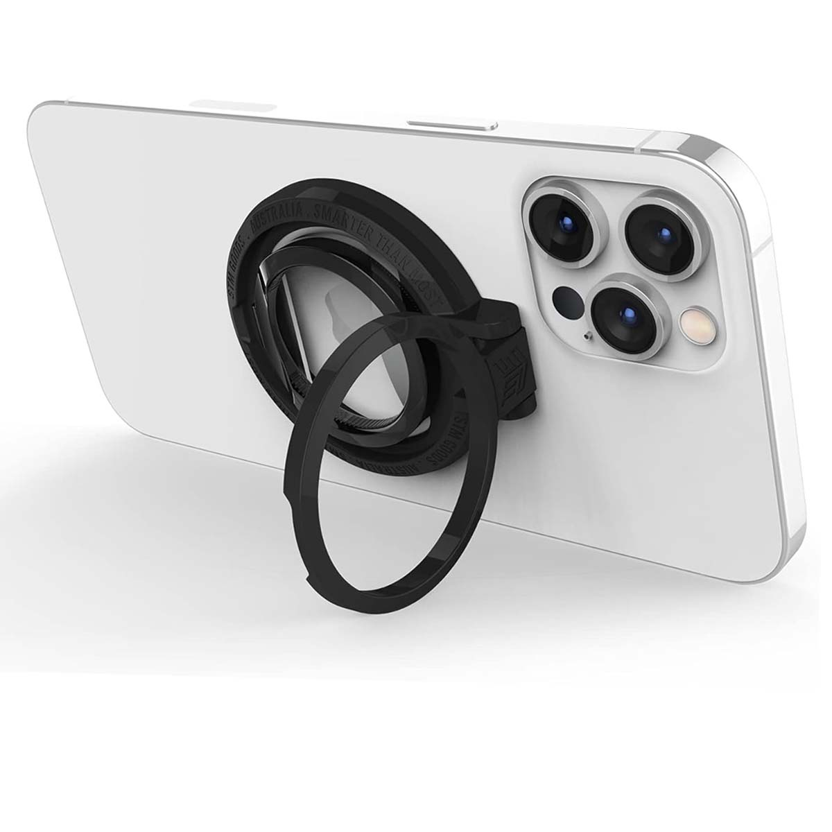 Uno smartphone bianco con un anello portaoggetti nero sul retro.