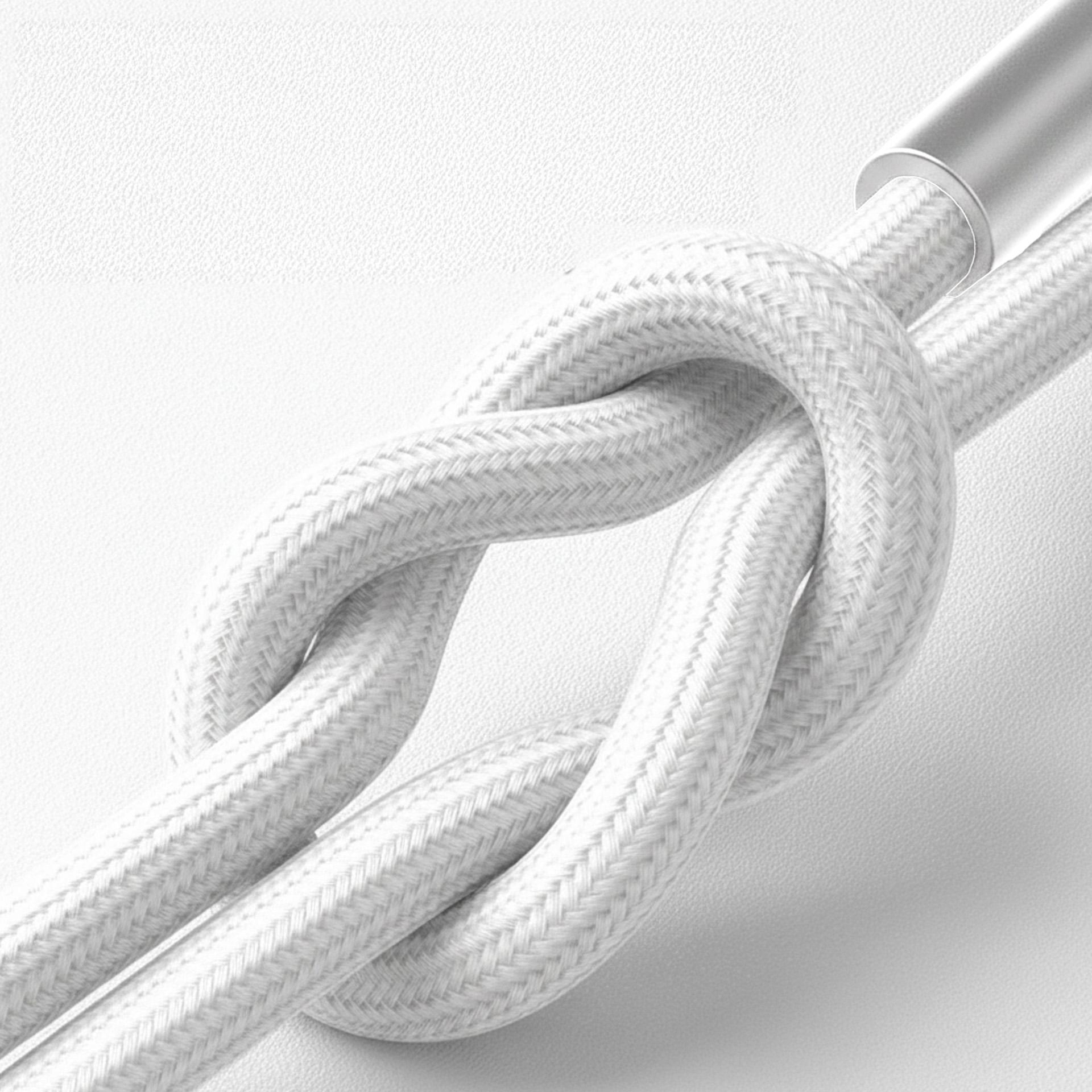 Un cavo bianco con rivestimento in tessuto è annodato.