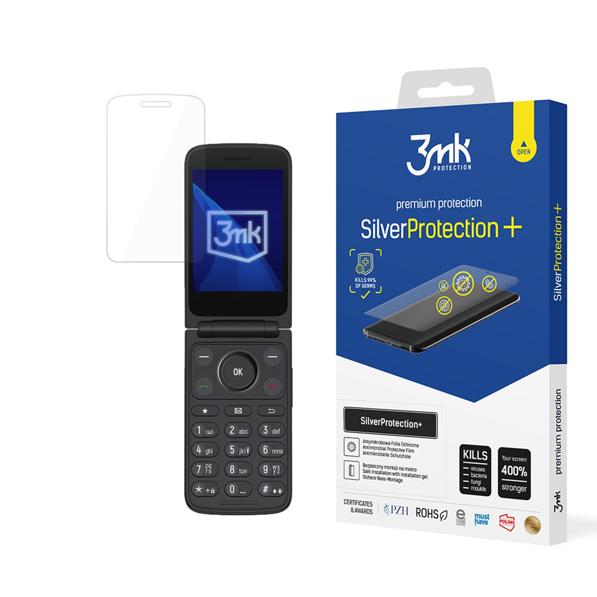 Un telefono flip nero con pellicola protettiva e confezione. È un prodotto 3mk.
