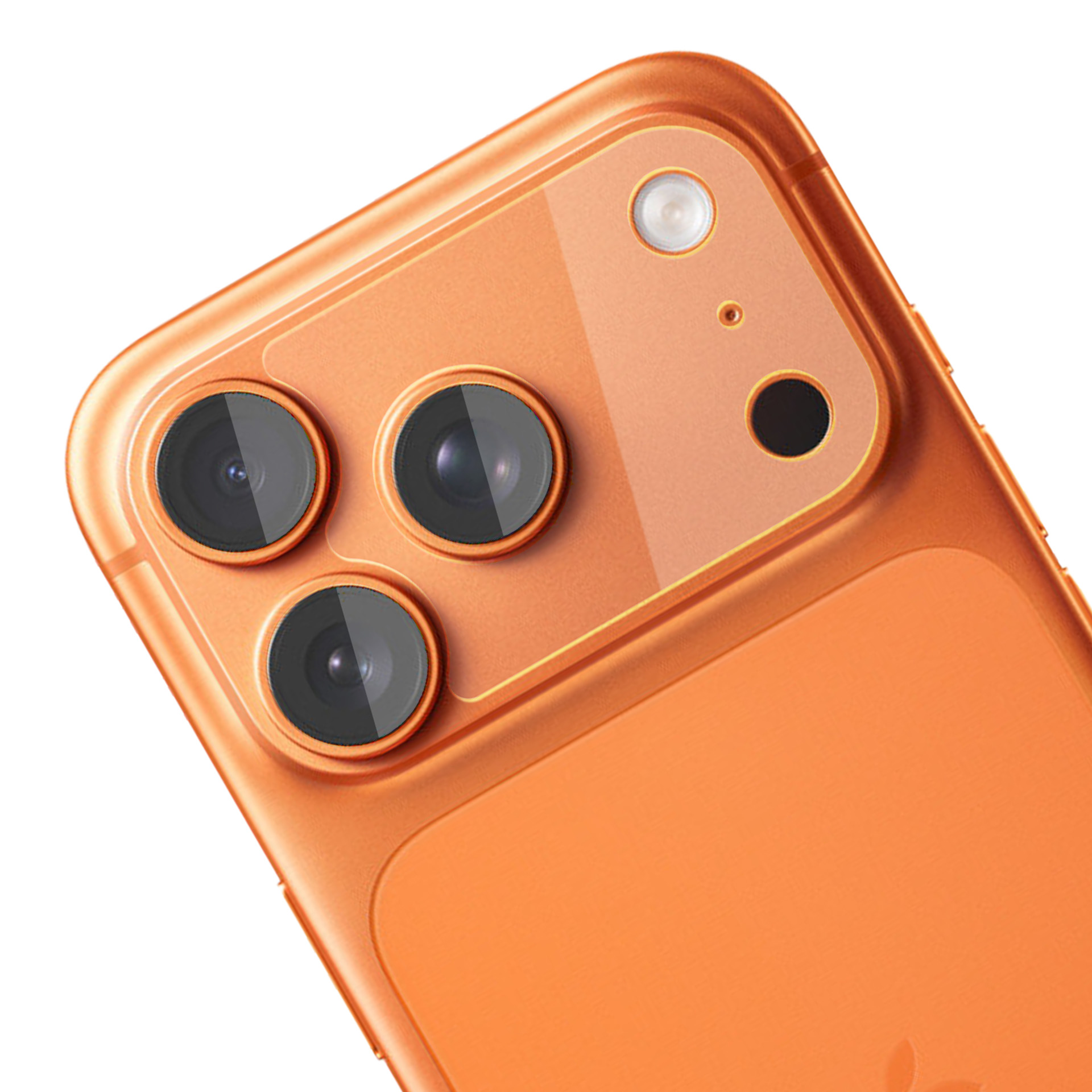 Smartphone arancione con tre fotocamere e un flash.