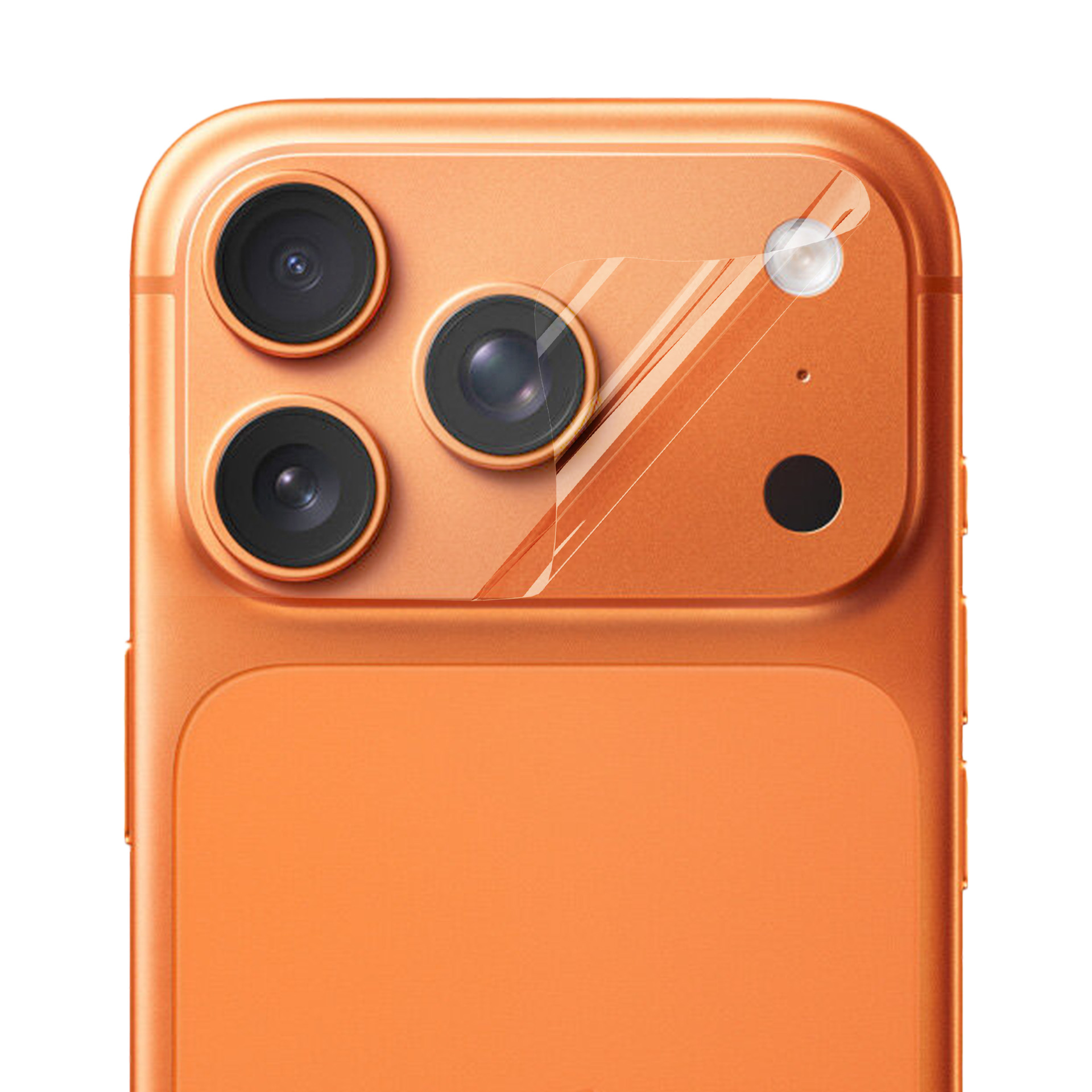 Retro di uno smartphone arancione con tre lenti e una pellicola protettiva.