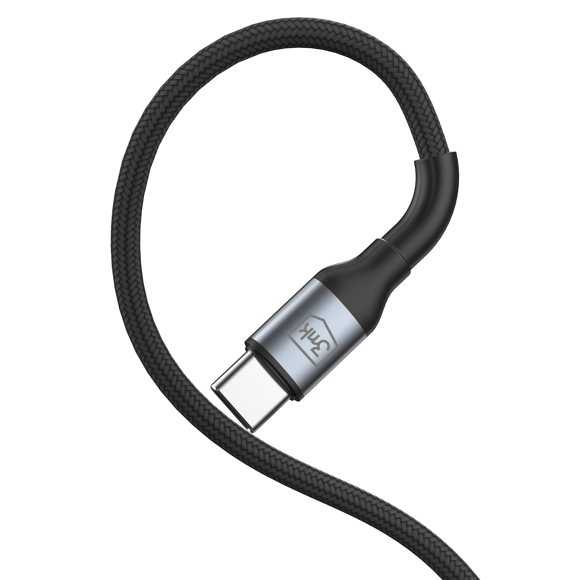 Czarny kabel USB-C z plecionym materiałem i srebrną wtyczką.