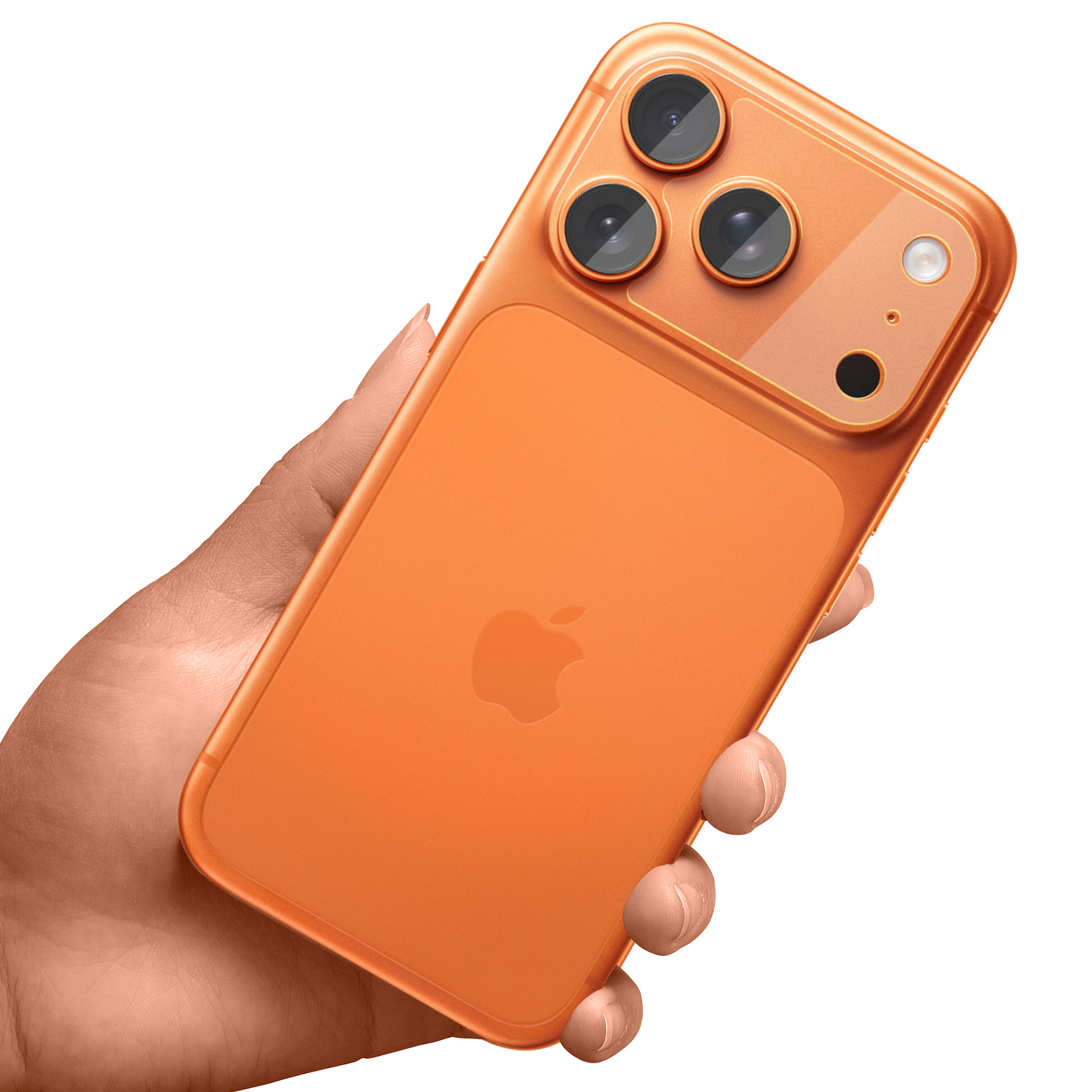 Una mano tiene uno smartphone arancione con tre fotocamere.