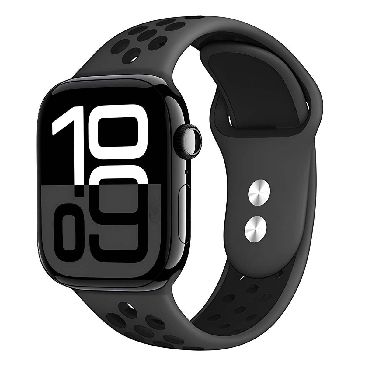 Smartwatch nero con cinturino traforato e display digitale.