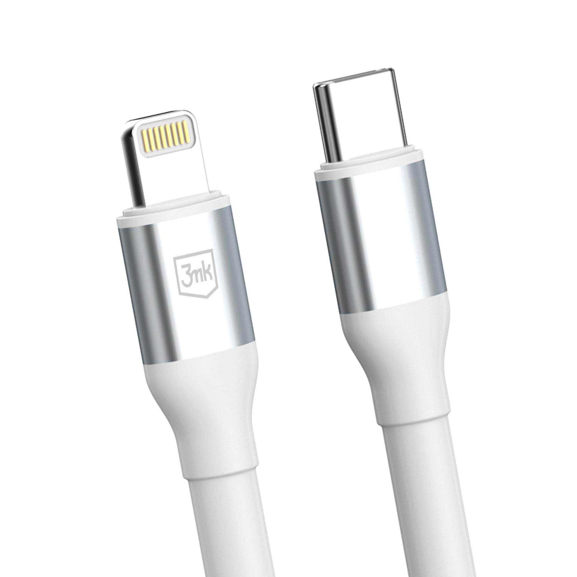 Un cavo bianco con connettori argentati: una spina Lightning e una USB-C.