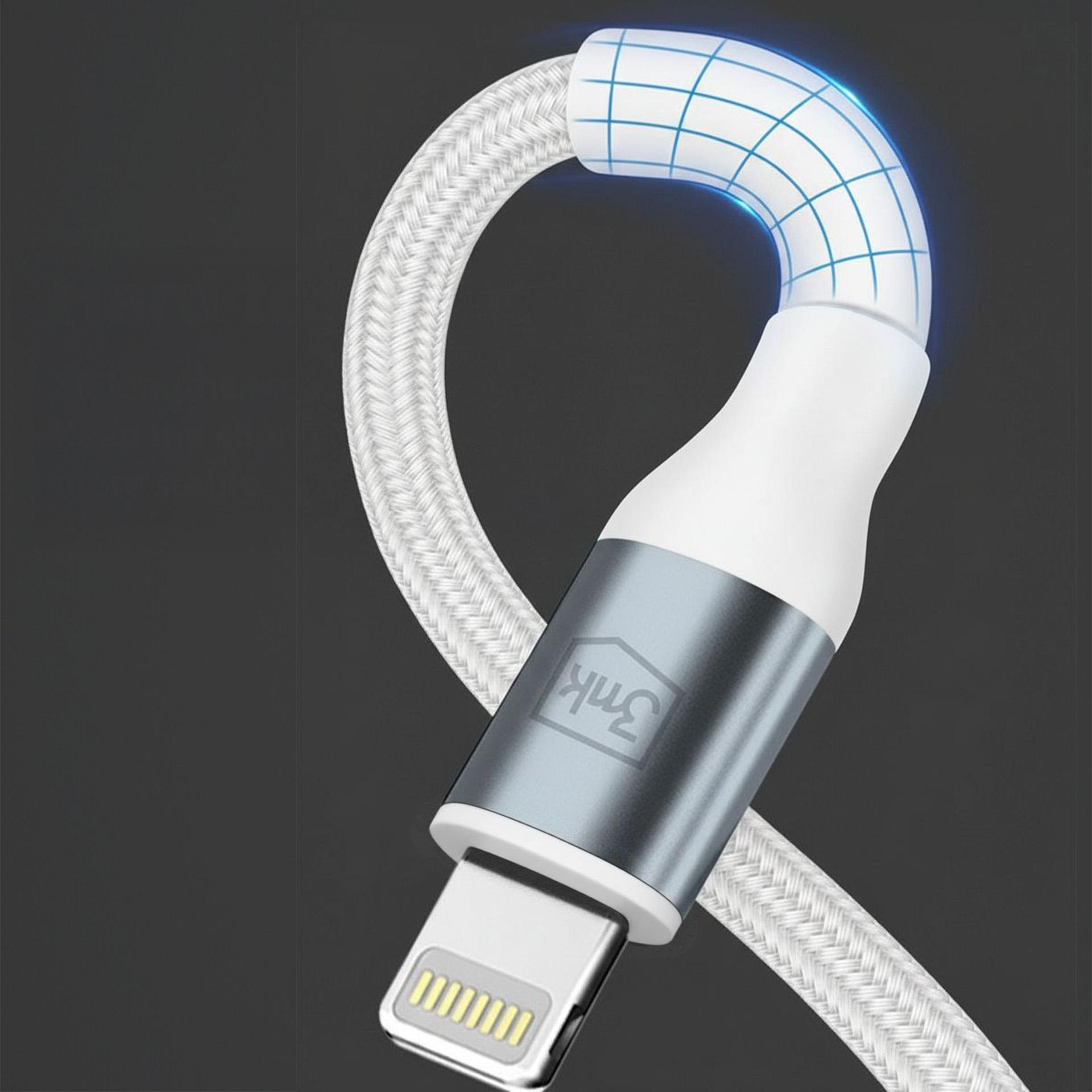 Un cavo Lightning bianco con connettore grigio e motivo a griglia blu.