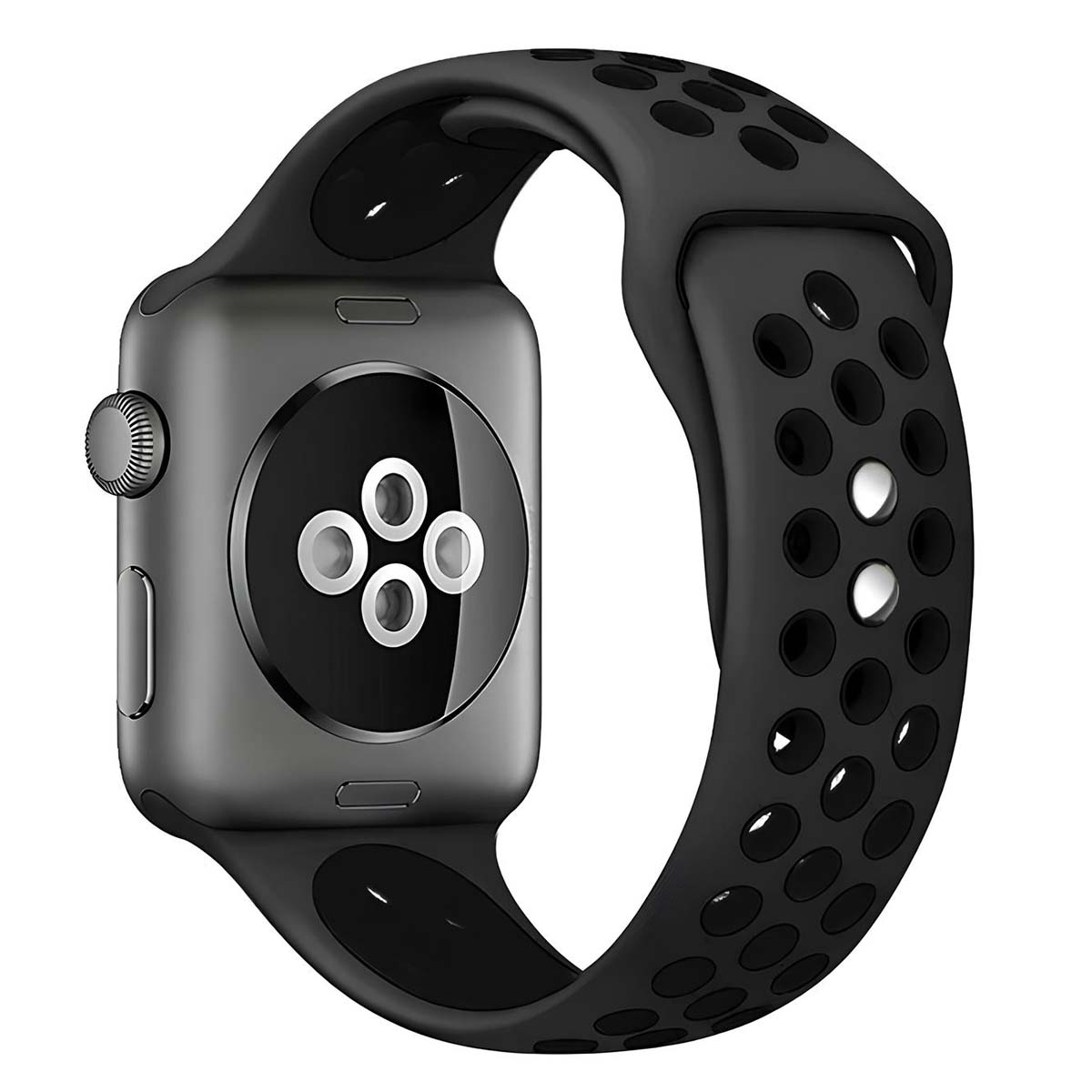 Smartwatch grigio con cinturino nero traforato.
