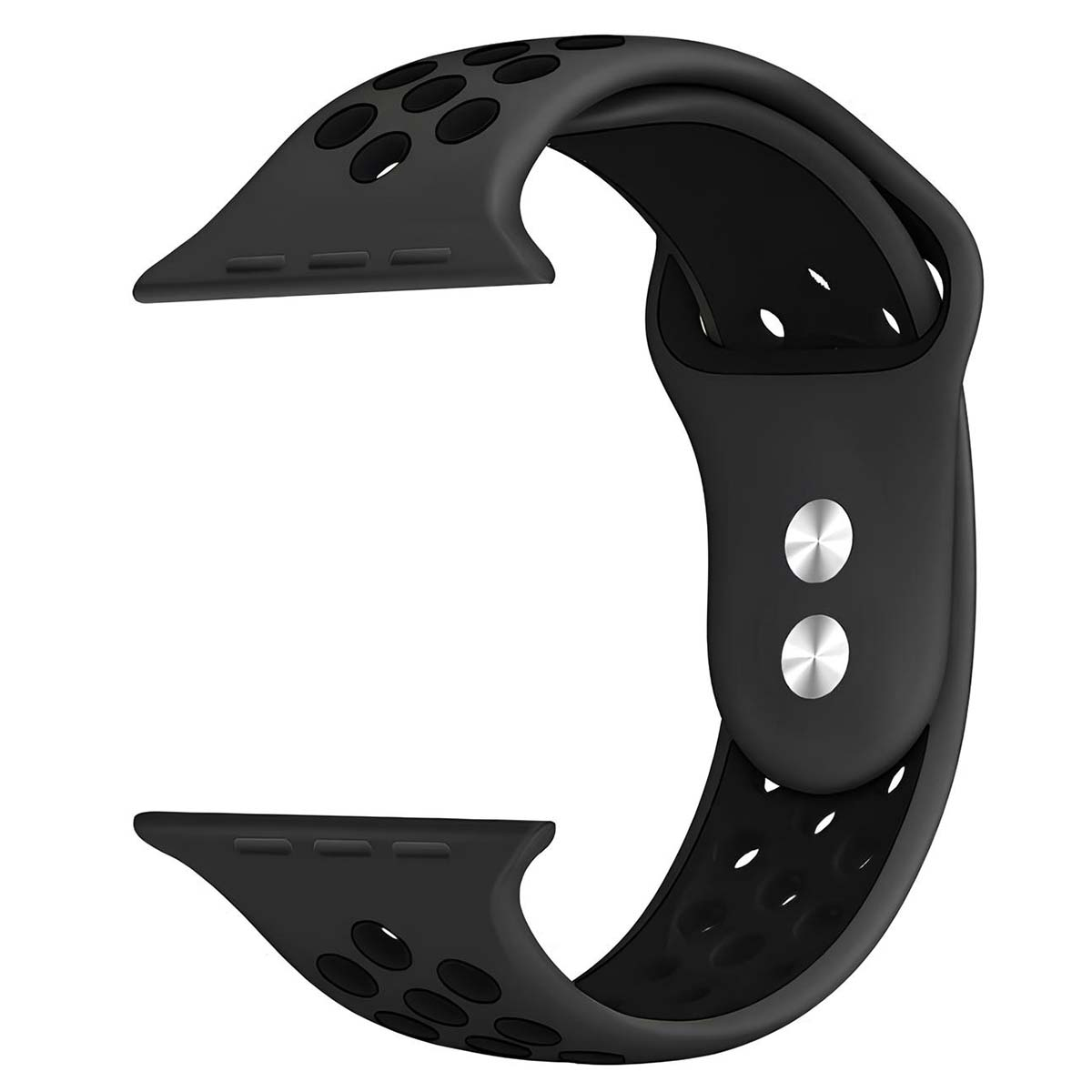 Cinturino per orologio in silicone nero con design traforato e perni argentati.