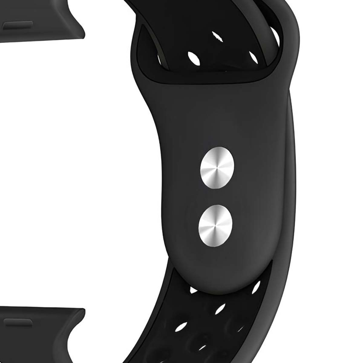 Cinturino nero per orologio con due rivetti argentati e fori di ventilazione.