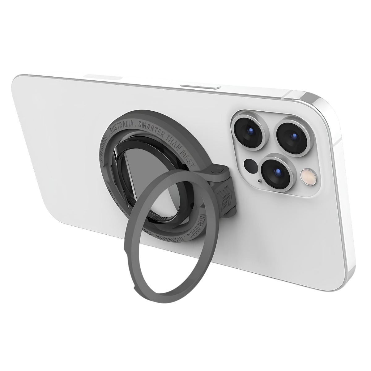 Uno smartphone bianco con un anello porta-smartphone grigio sul retro.