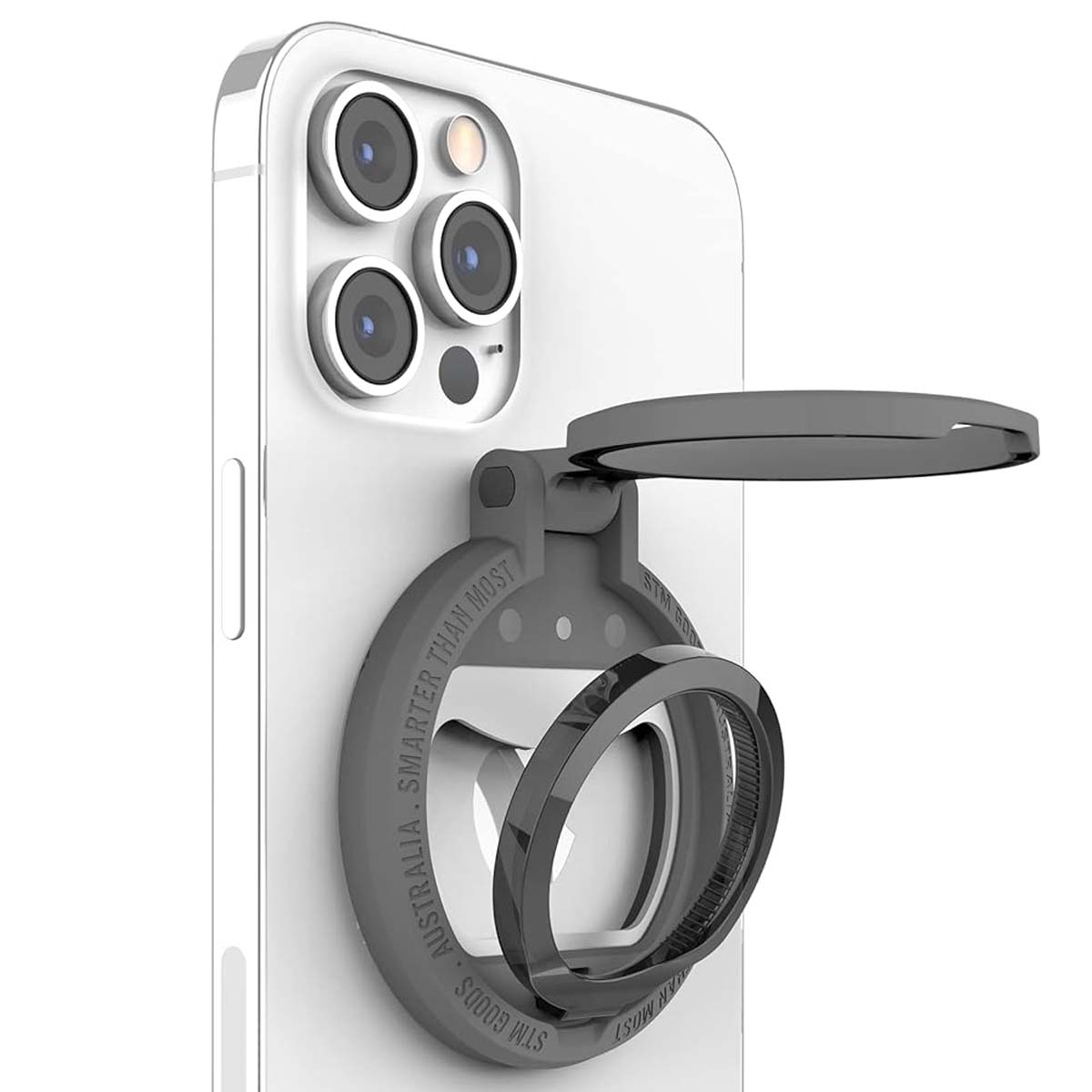 Un supporto ad anello grigio è attaccato a un iPhone bianco.