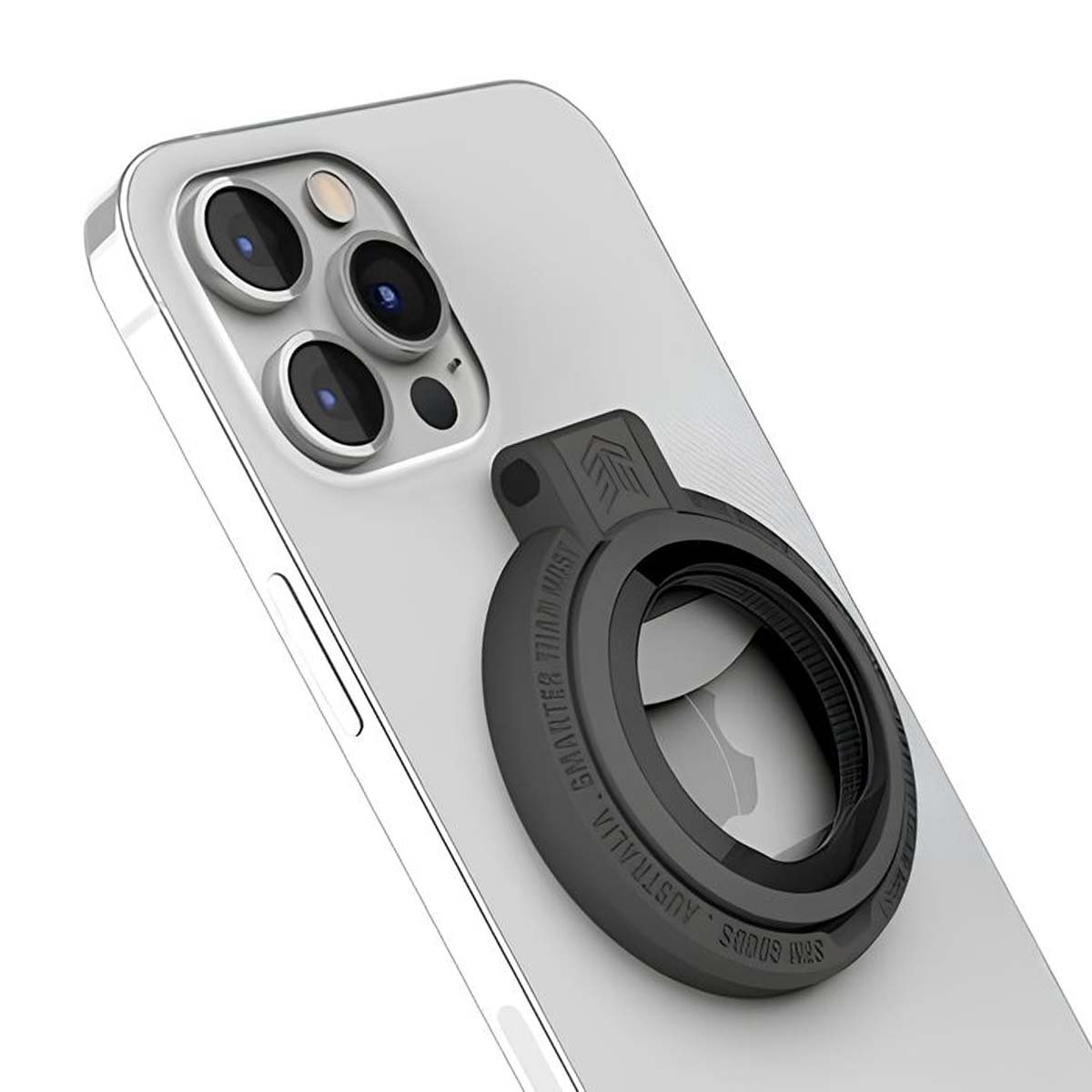 Un'impugnatura nera per telefono è attaccata al retro di un iPhone bianco.