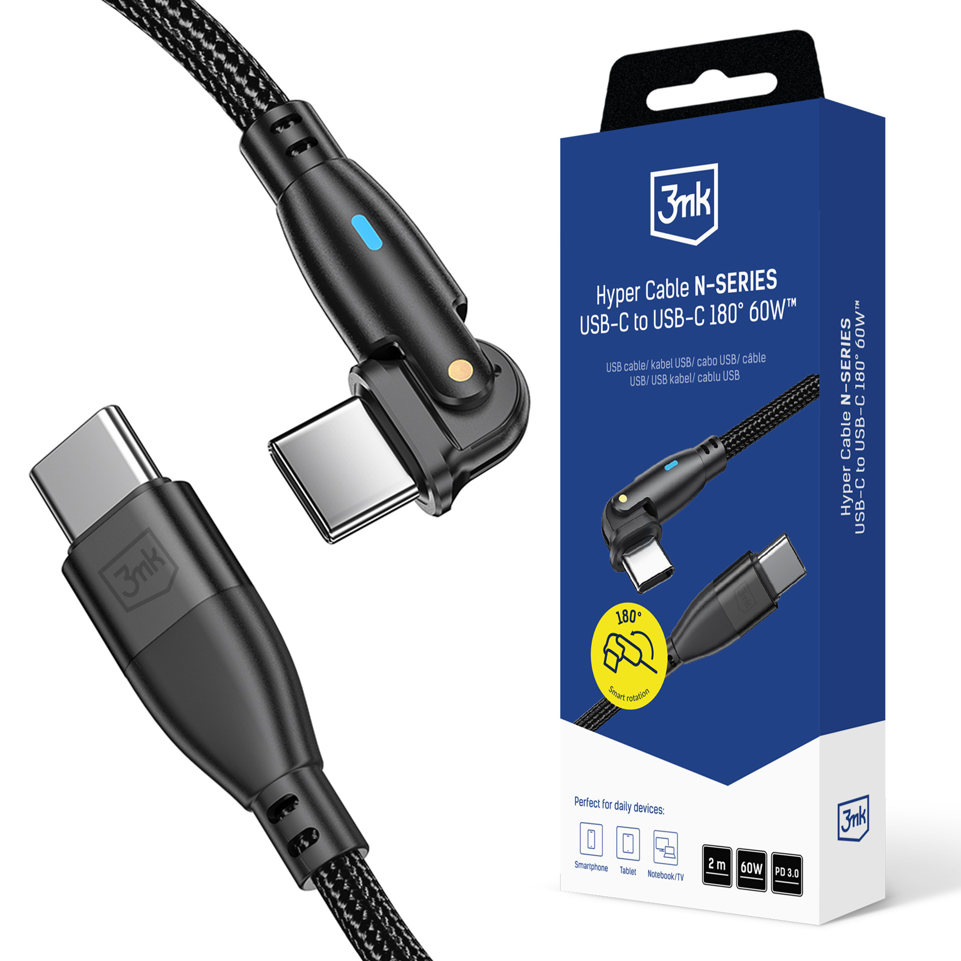 Czarny kabel USB-C z obrotem o 180° i ikoną zasilania na niebiesko-białym opakowaniu.