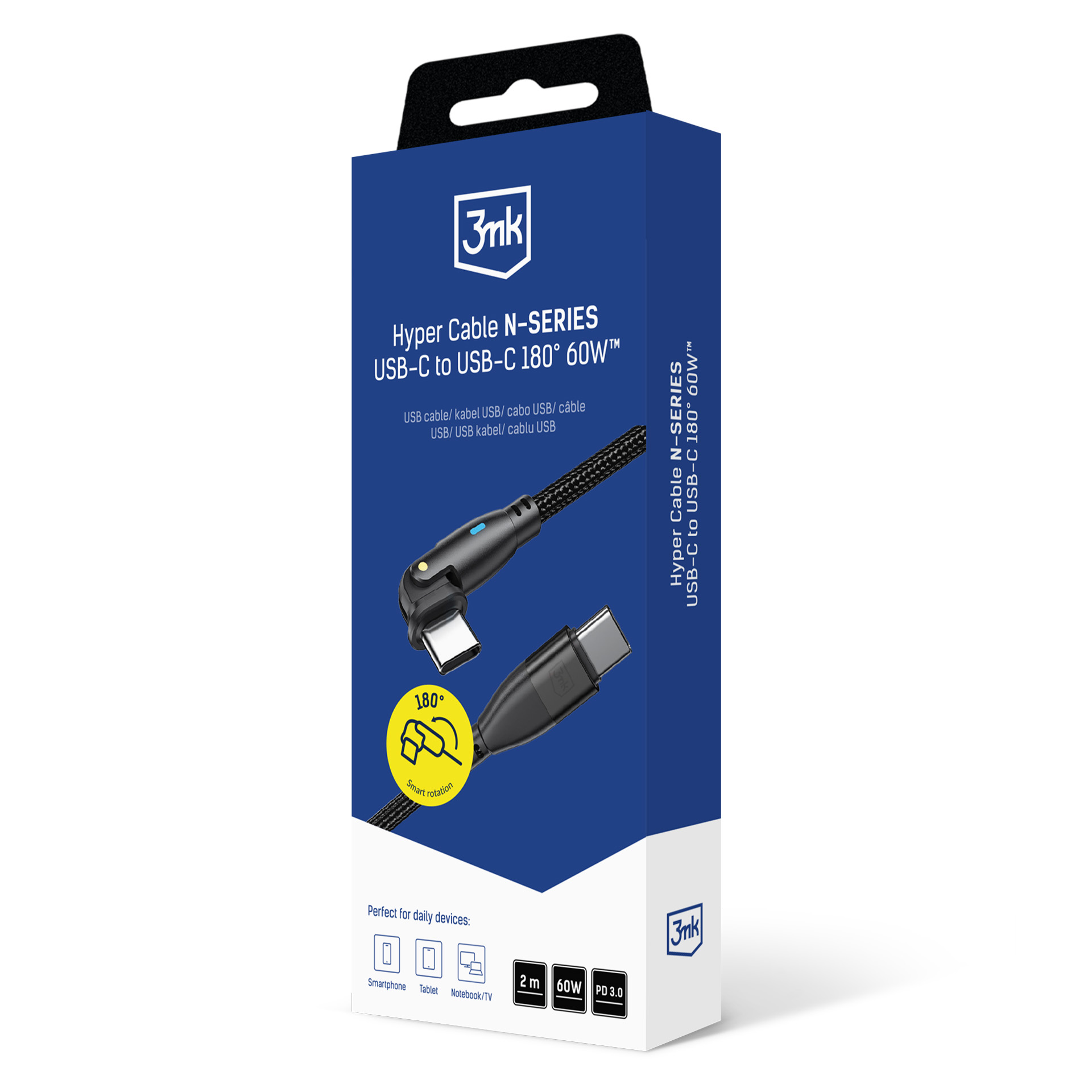 Opakowanie kabla 3mk Hyper: USB-C do USB-C, 180°, 60W, 2m.