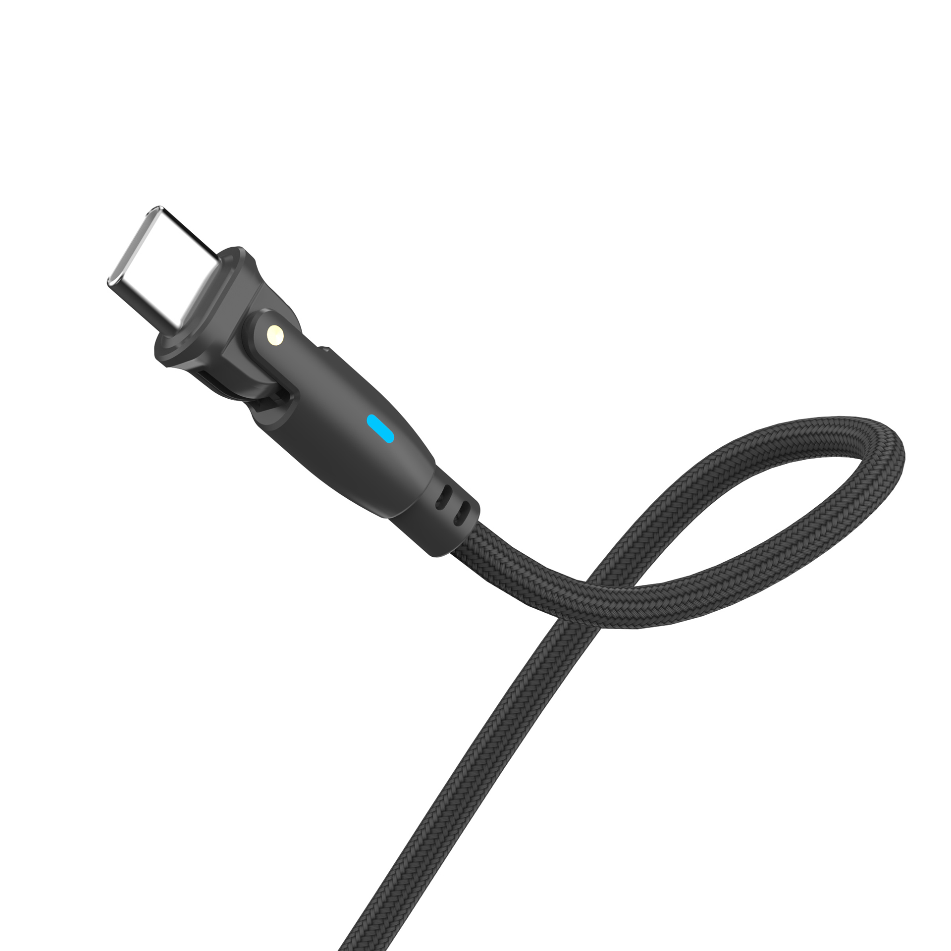 Czarny kabel USB-C ze srebrną wtyczką i niebieską diodą LED.
