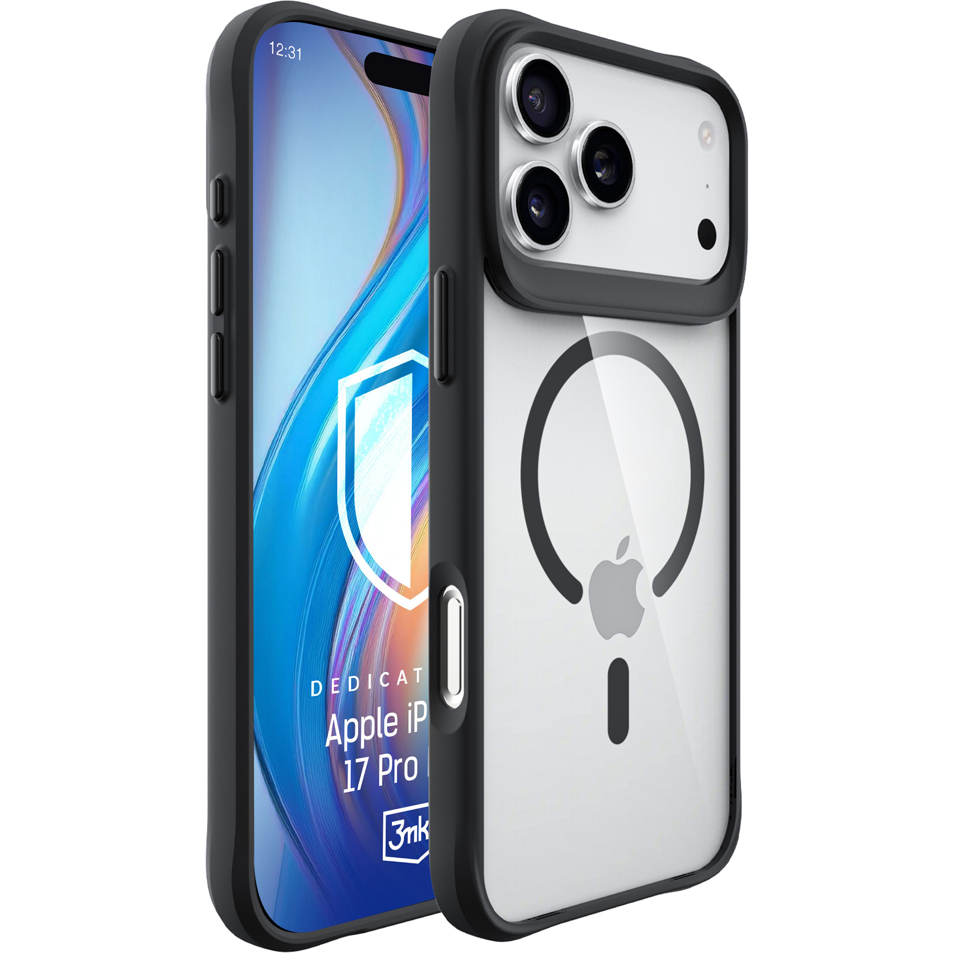 Czarne etui na iPhone z przezroczystym tyłem pokazującym logo Apple.