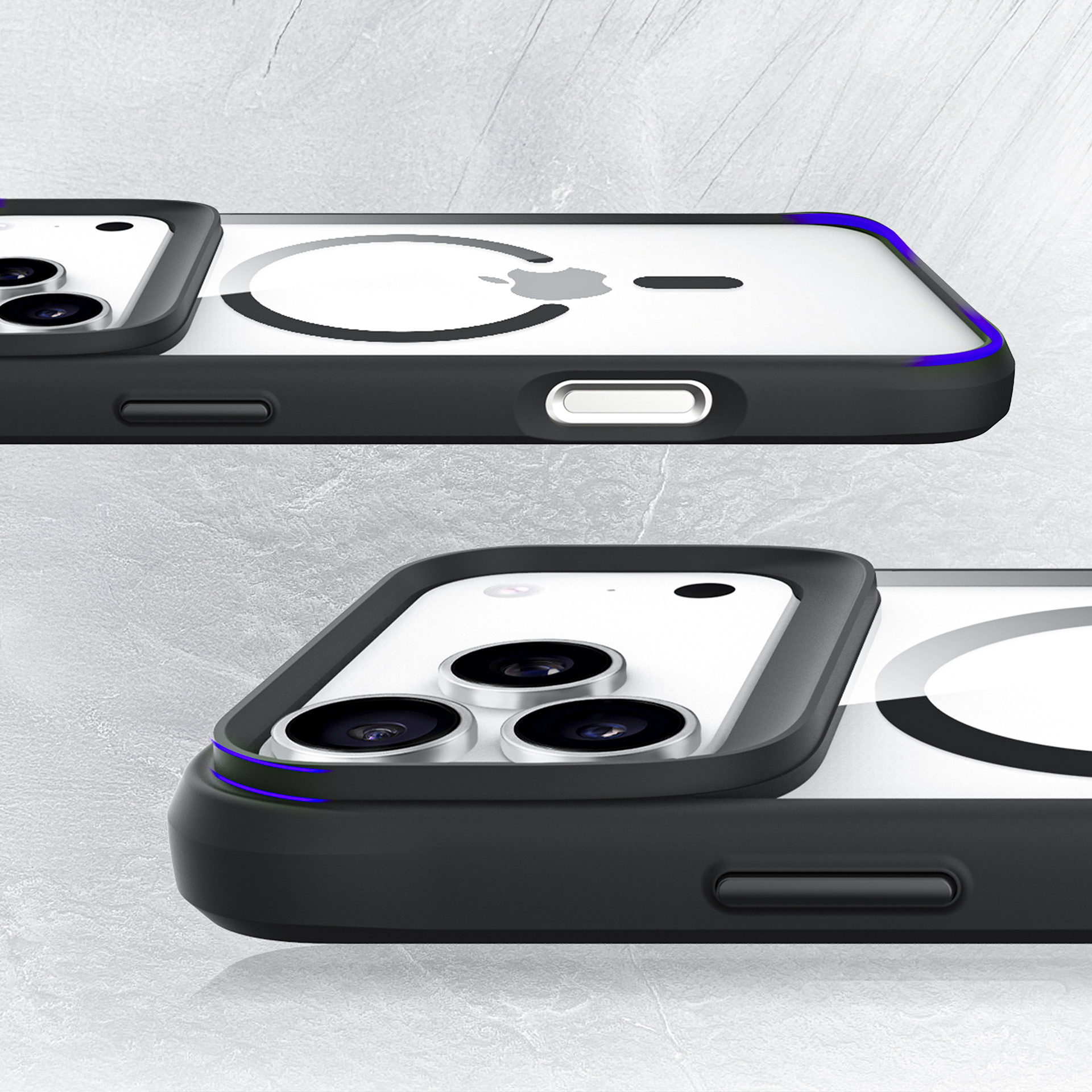 iPhone z czarną ramką, trzema aparatami i logo Apple.