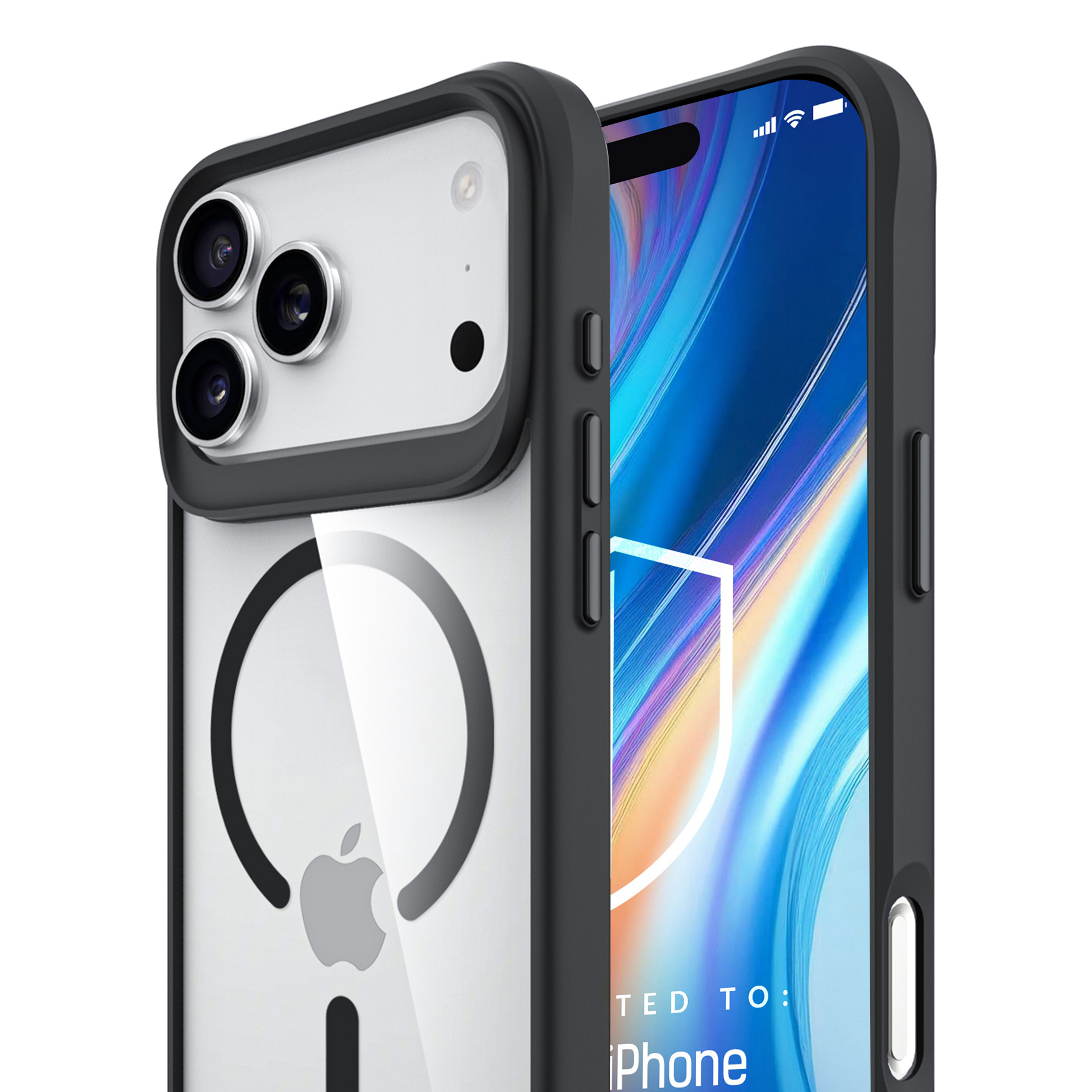 Czarne etui na iPhone z przezroczystym tyłem, pokazujące iPhone'a z kolorowym tłem.