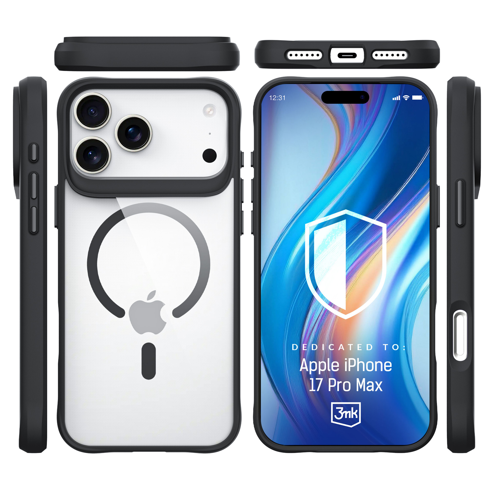 Czarne etui na iPhone z MagSafe, widok z przodu i tyłu, widoki boczne.