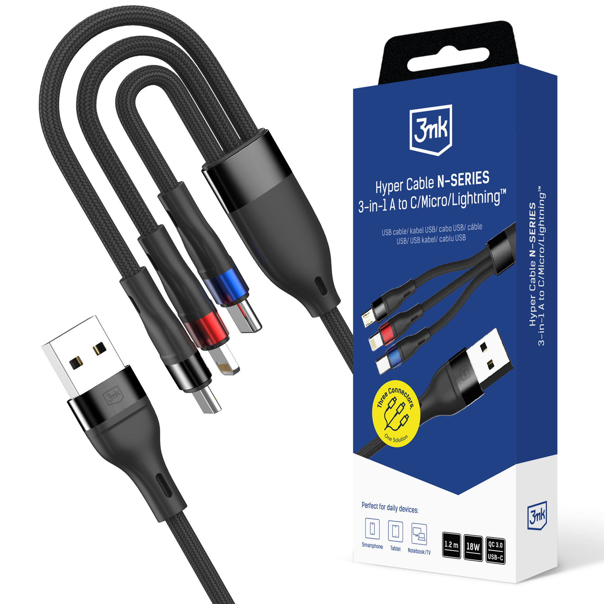 Czarny kabel USB 3 w 1 z trzema różnymi złączami i opakowaniem.