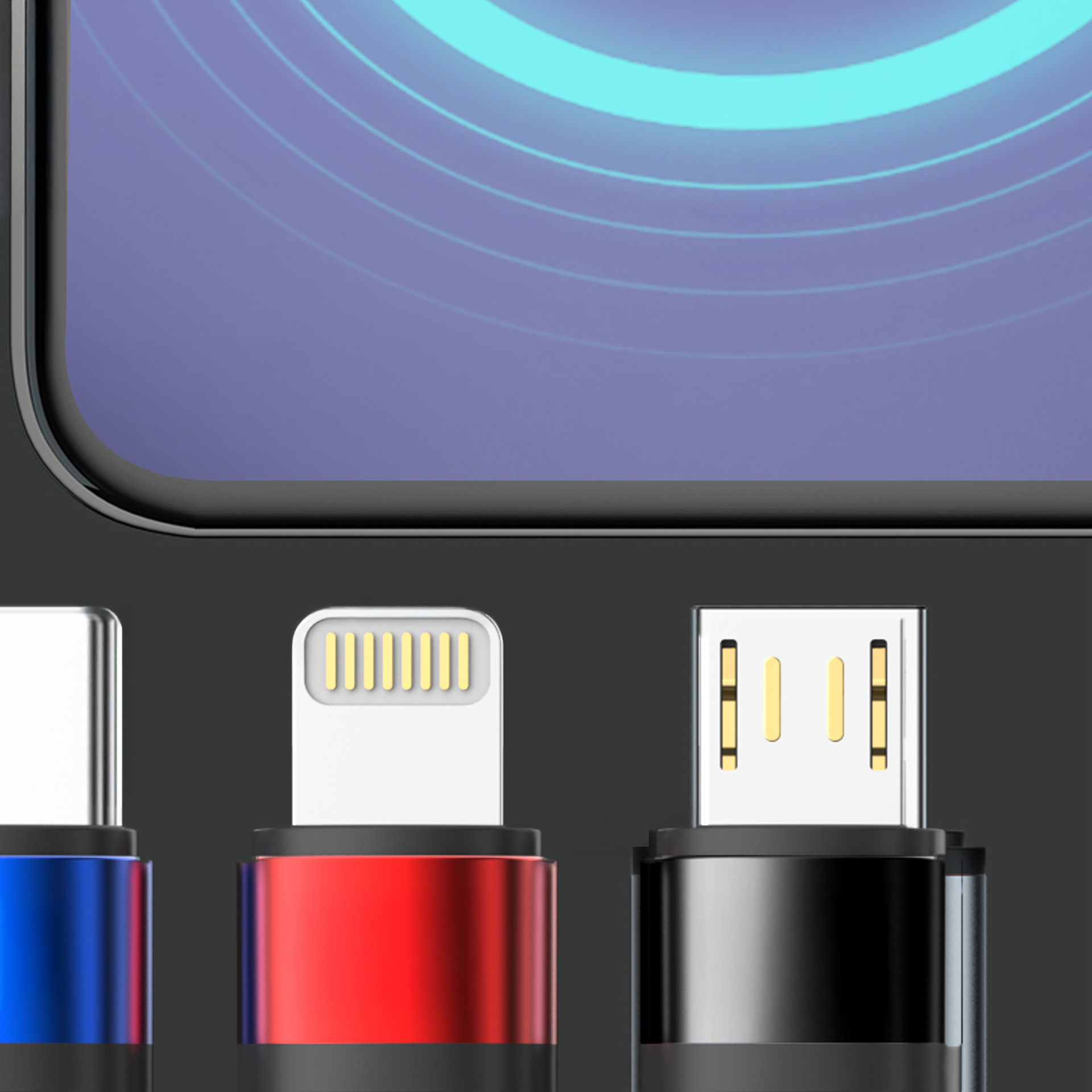Trzy złącza ładowania: USB-C, Lightning i Micro-USB, na niebieskim tle.