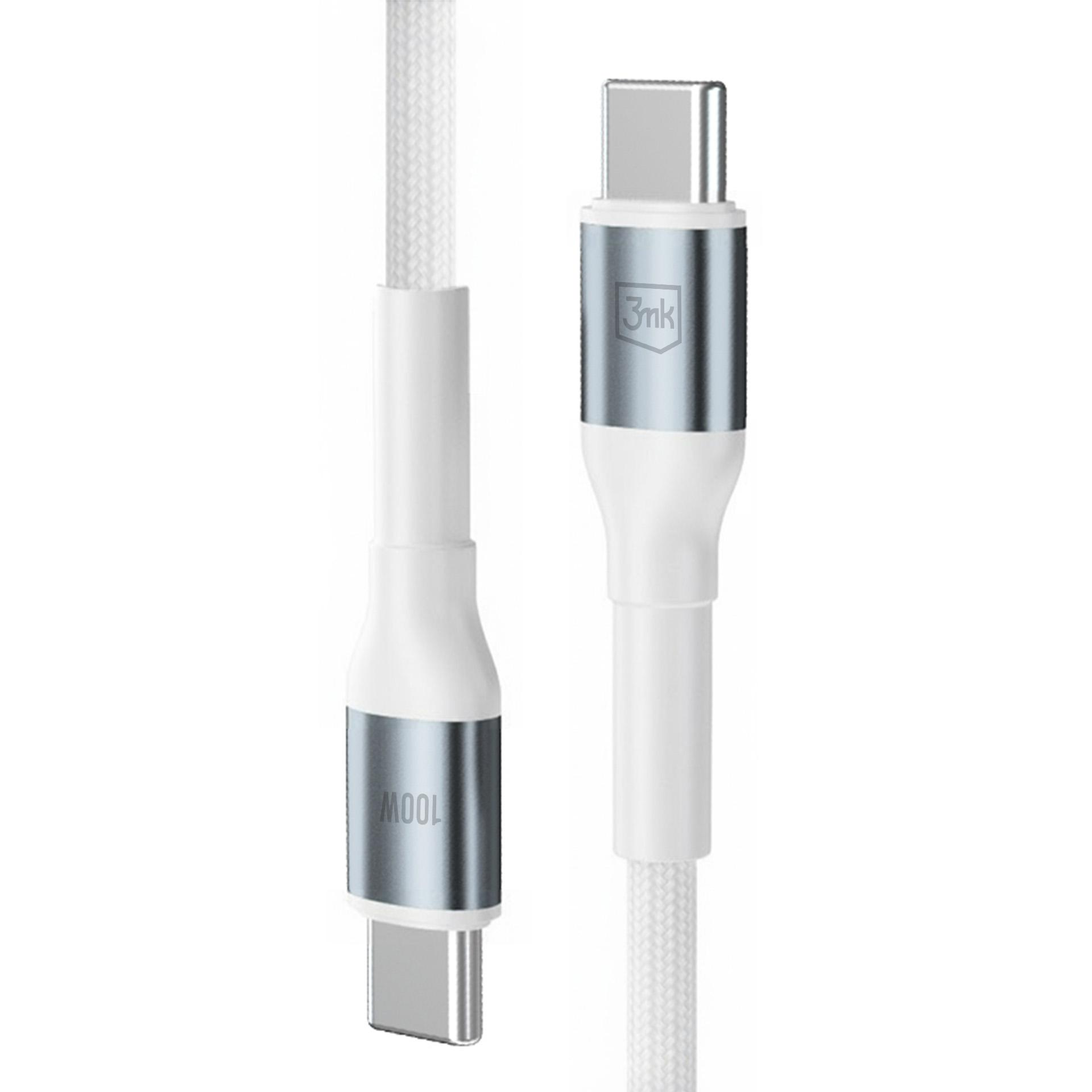 Biały kabel USB-C ze srebrnymi złączami, oznaczenie 100W.