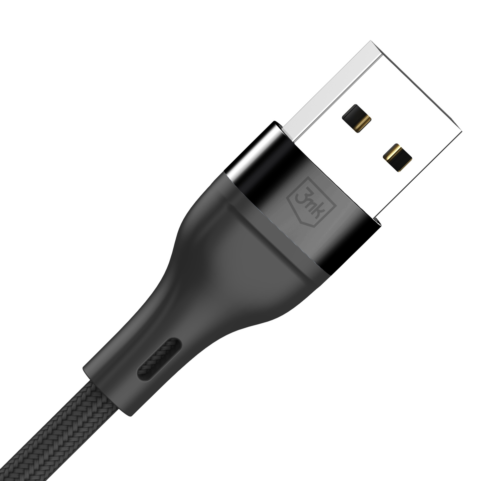 Czarny kabel USB ze srebrnym złączem i logo 3mk.