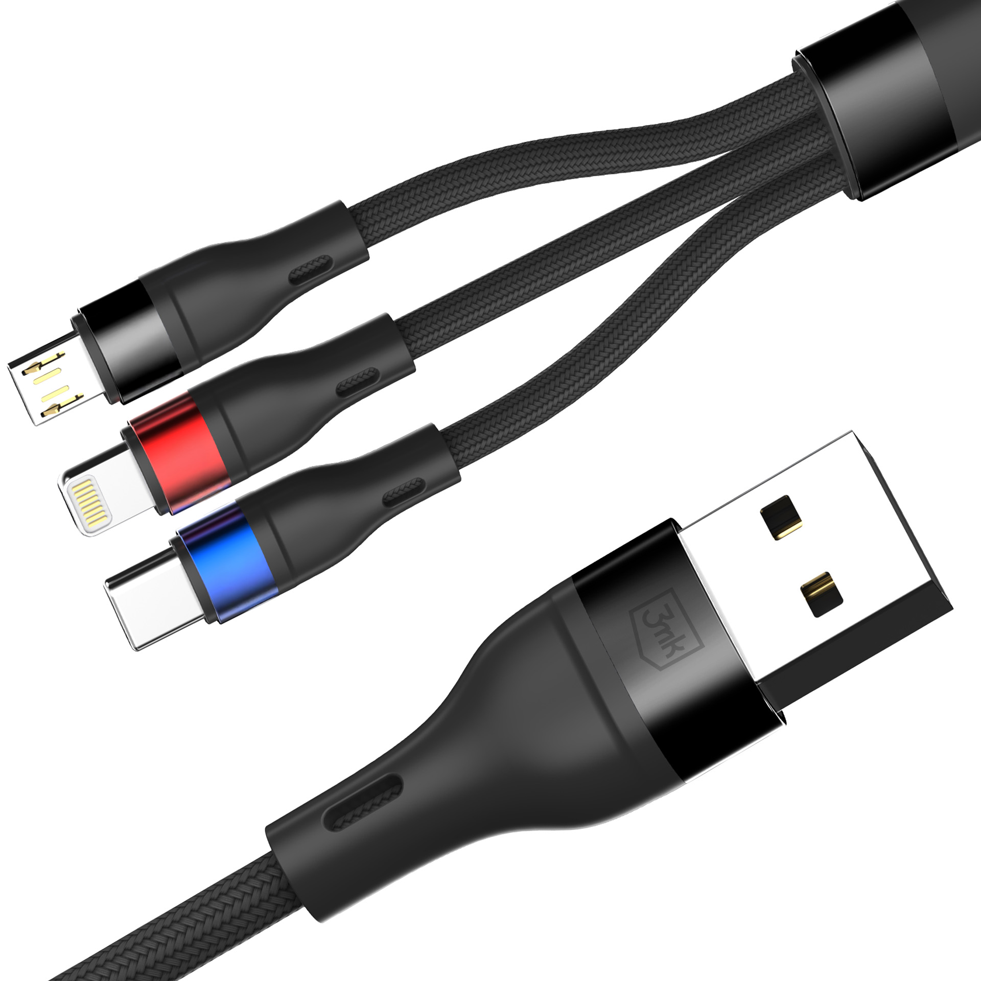 Czarny kabel ładujący z trzema złączami: USB-A, Lightning i USB-C.