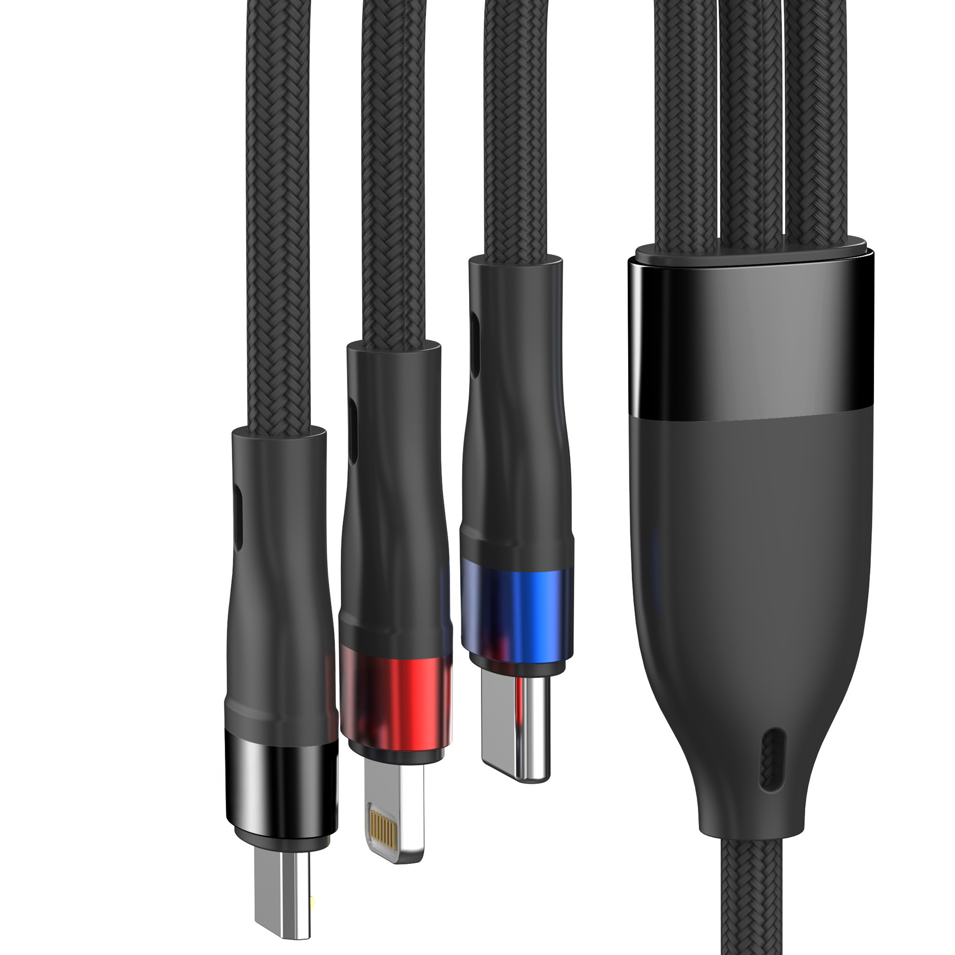 Cztery czarne plecione kable z różnymi złączami: USB-C, Lightning, Micro-USB.