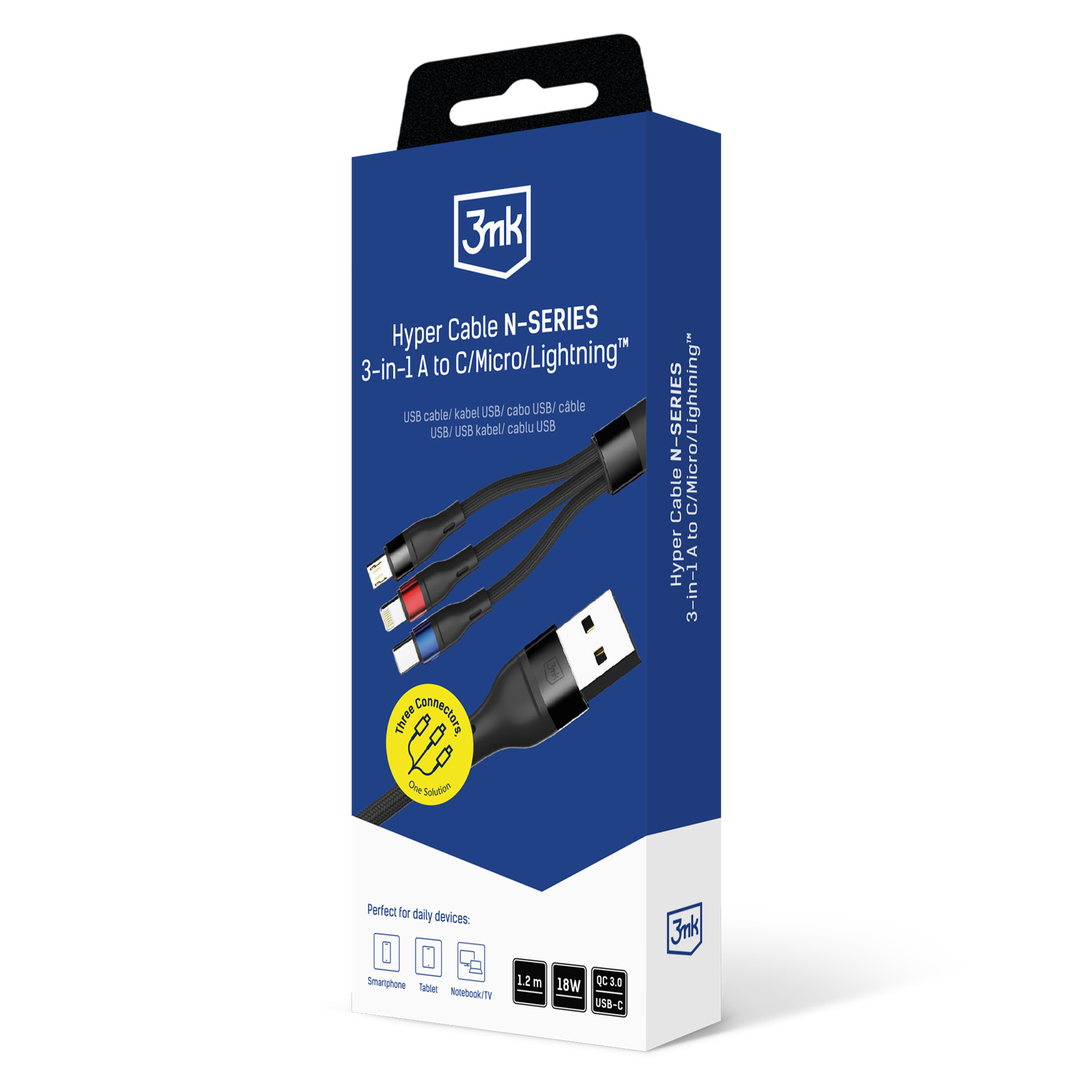 Kabel USB 3 w 1 z końcówkami USB-A do C/Micro/Lightning na niebieskim opakowaniu.