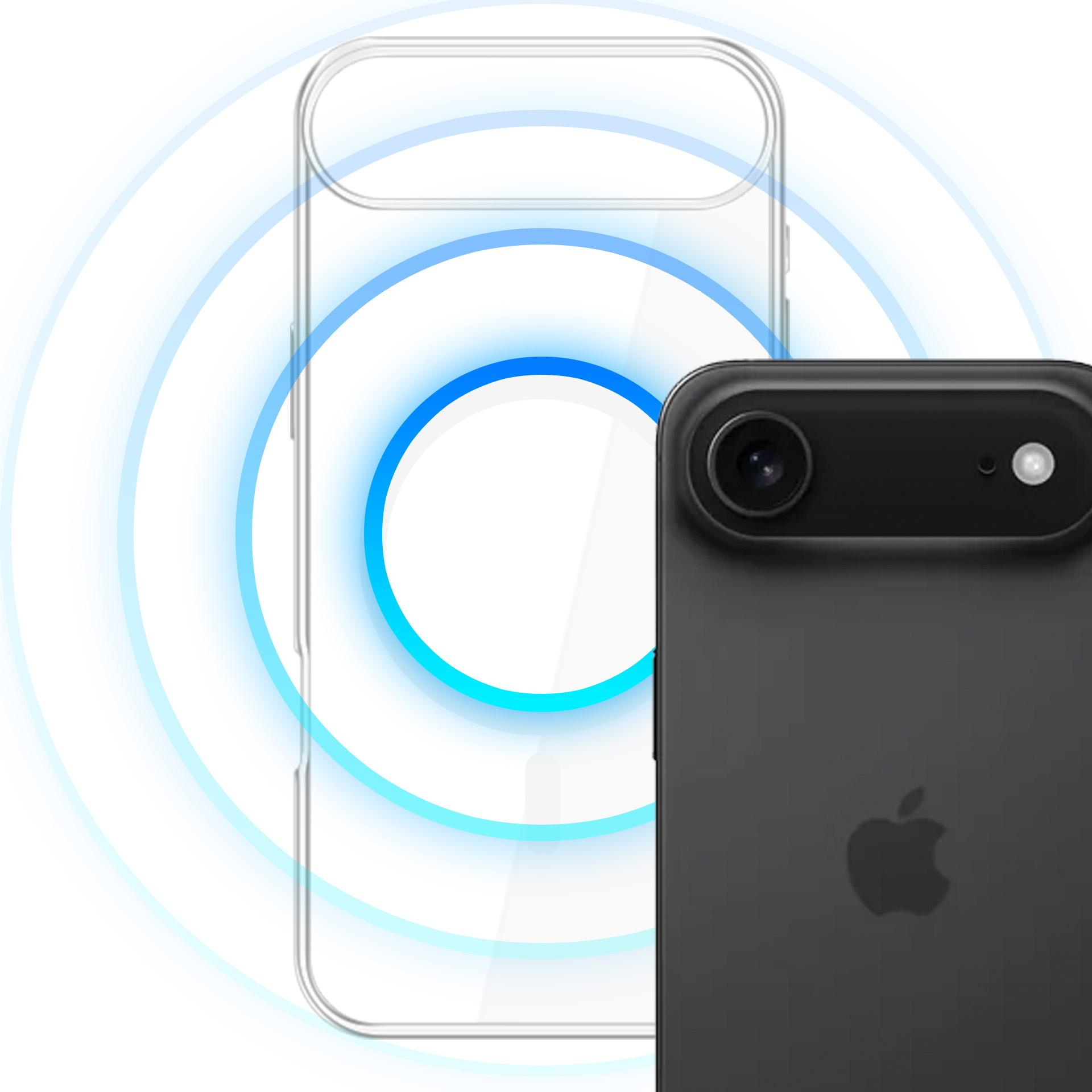 Czarny smartfon z aparatem obok przezroczystego etui z niebieskimi pierścieniami.