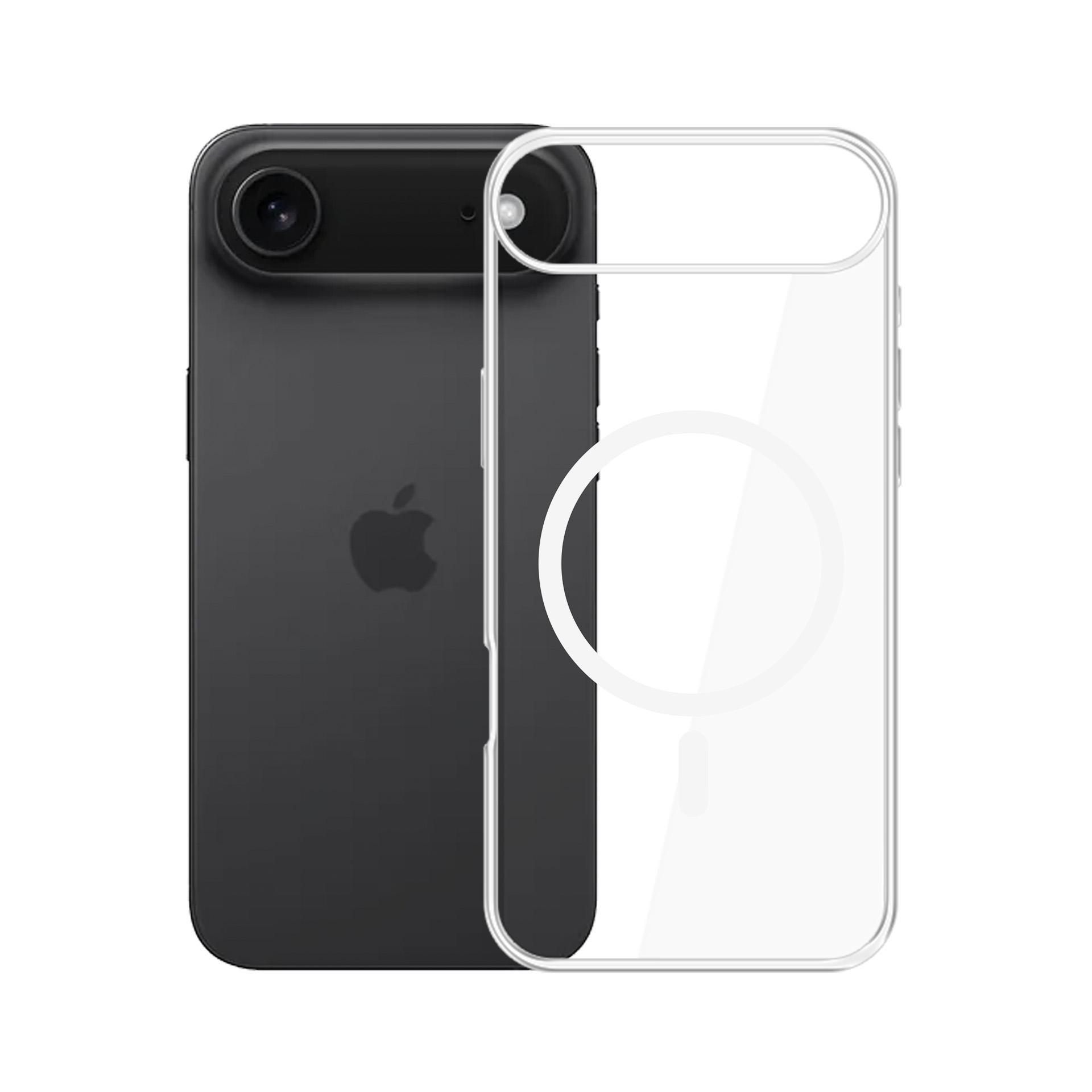 Czarny iPhone z przezroczystym etui obok na białym tle.