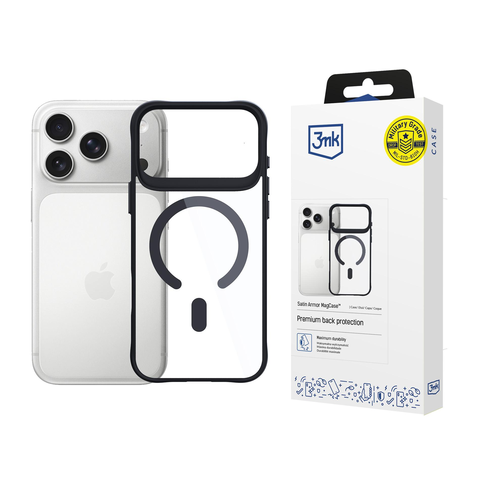 Srebrny iPhone z przezroczystym etui obok i opakowaniem.