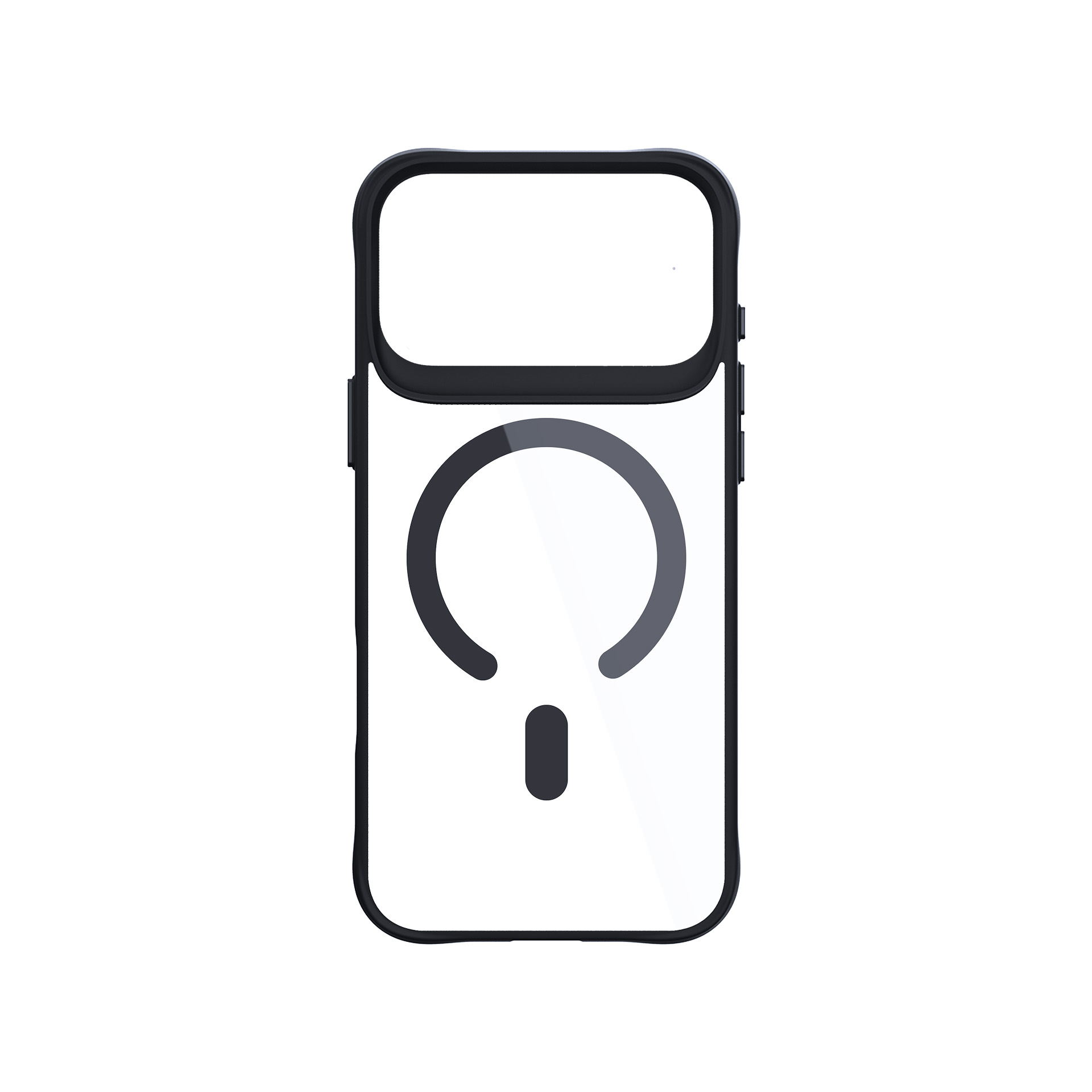 Czarne etui na telefon z przezroczystym tyłem i symbolem okręgu ładowania.