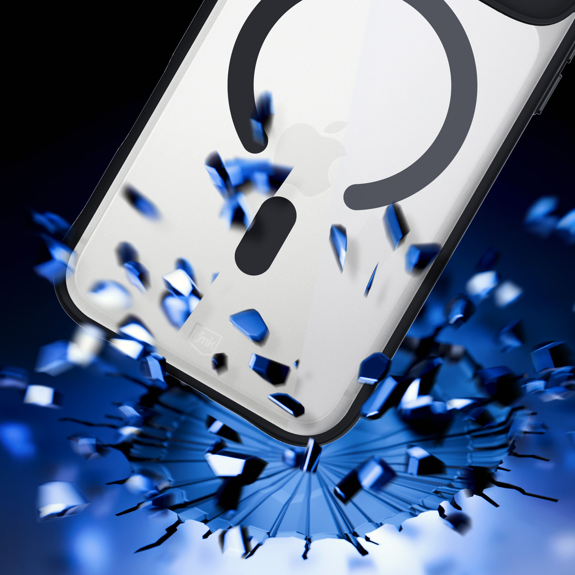 iPhone z potłuczonym niebieskim wzorem szkła. Wznosi się niebieski dym.