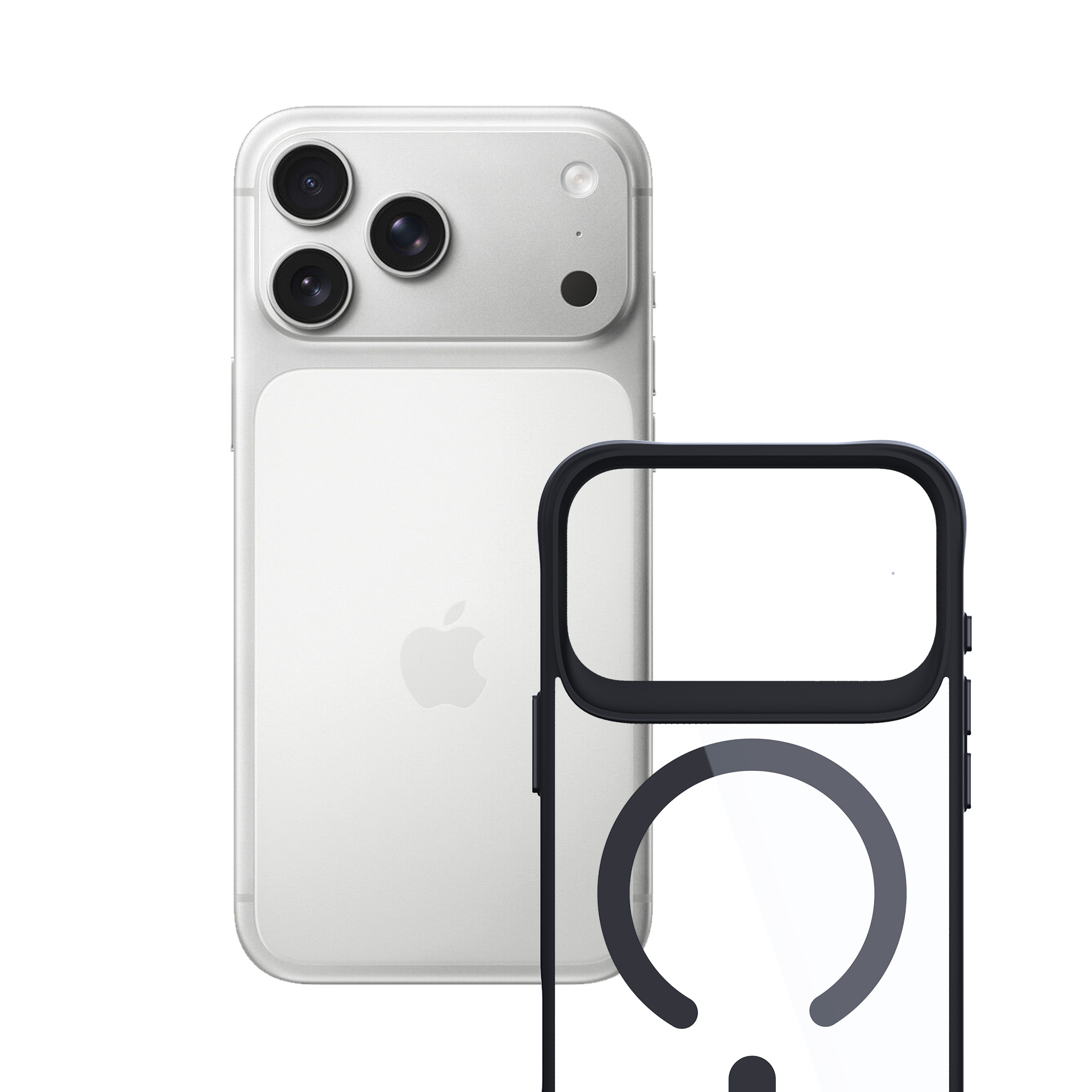 Srebrny iPhone z trzema aparatami obok czarnego etui.