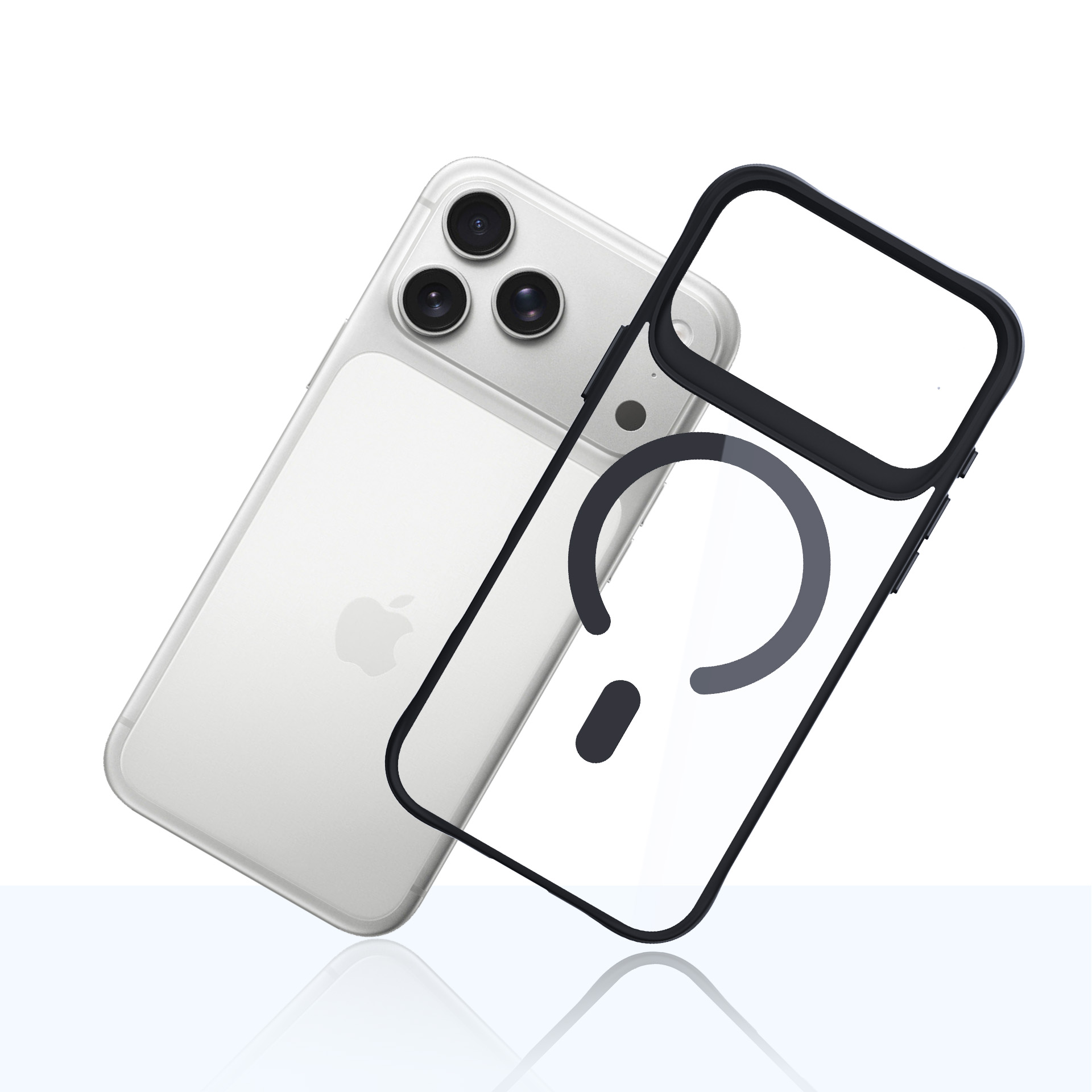 Biały iPhone z trzema aparatami obok przezroczystego etui z czarną ramką.