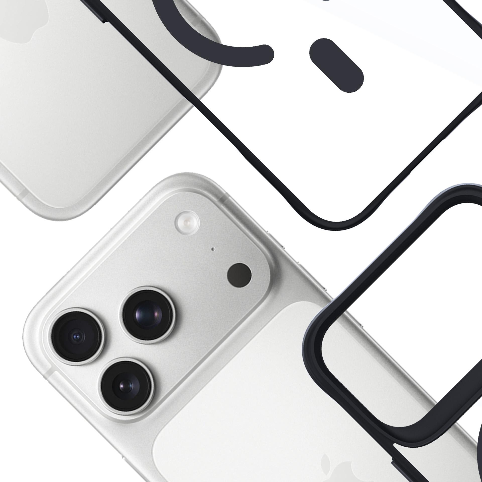 Zbliżenie dwóch srebrnych iPhone'ów z trzema aparatami, otoczonych czarnymi etui ochronnymi.