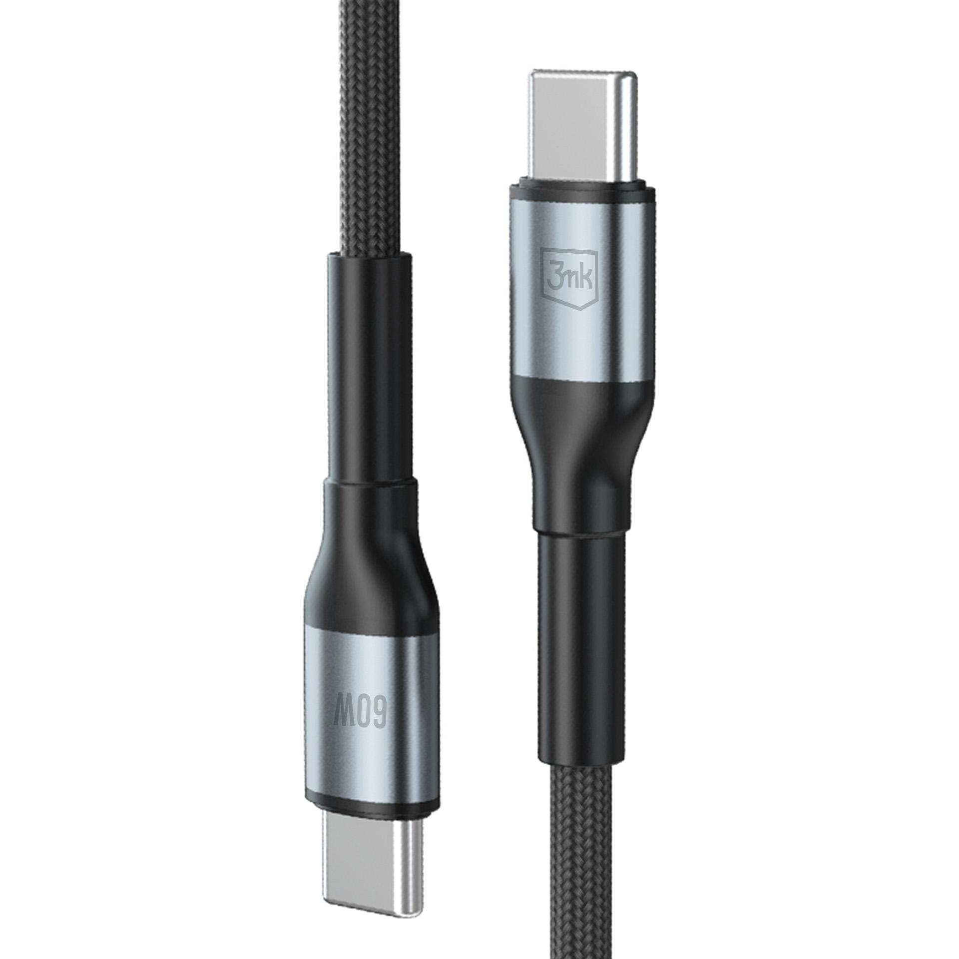 Czarny kabel USB-C ze srebrnymi złączami i oznaczeniem 60W.