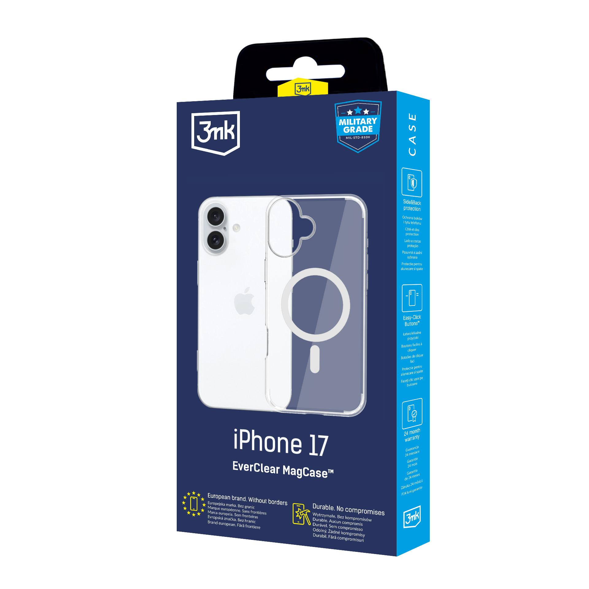 Etui 3mk do iPhone 17, przezroczyste, kompatybilne z MagSafe, ochrona wojskowa.