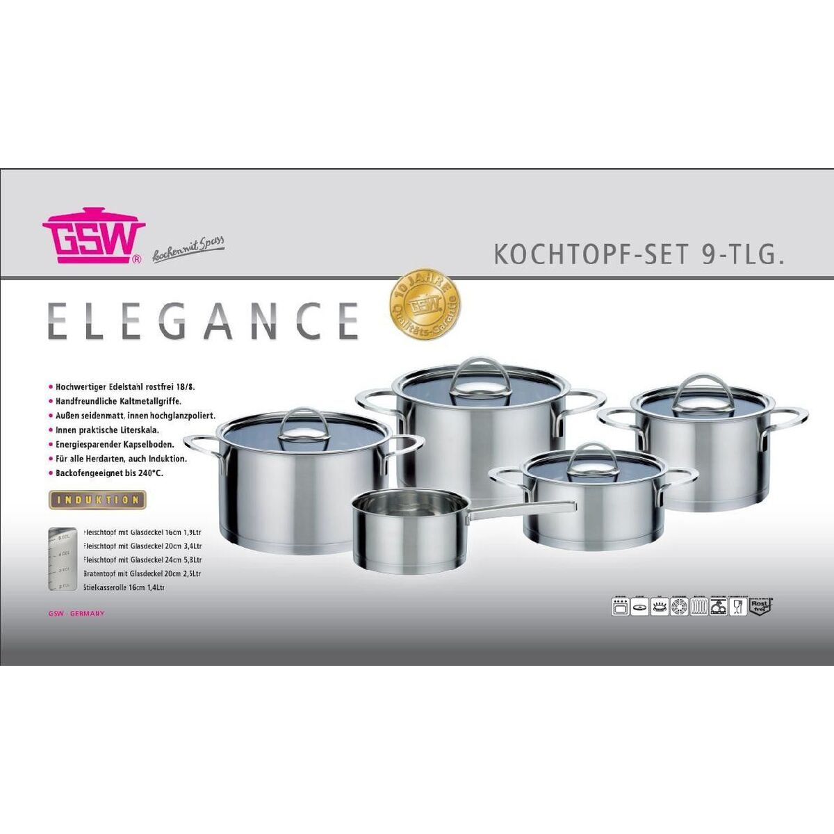 Ein Set aus fünf Edelstahltöpfen mit Glasdeckeln in verschiedenen Größen.