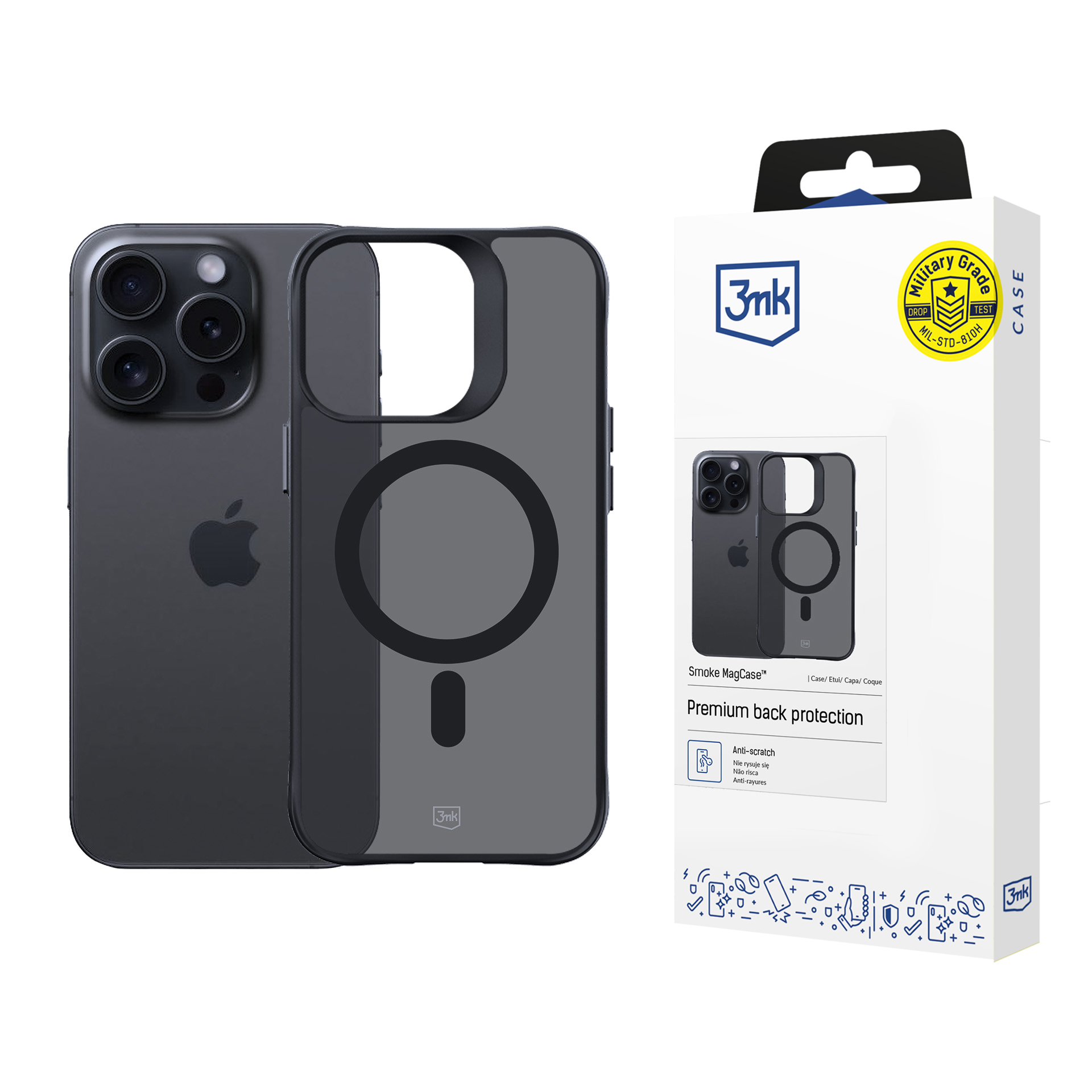 Ciemne, przezroczyste etui na iPhone leży obok opakowania.